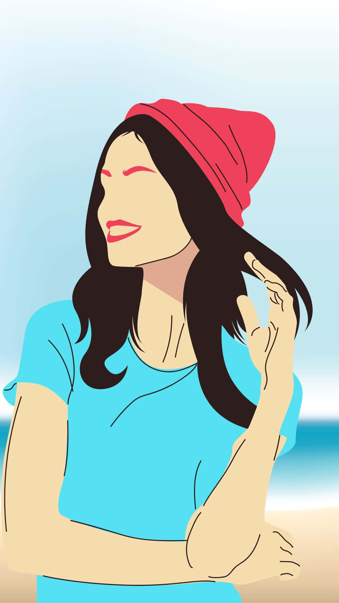 Einefrau Trägt Am Strand Einen Roten Hut. Wallpaper