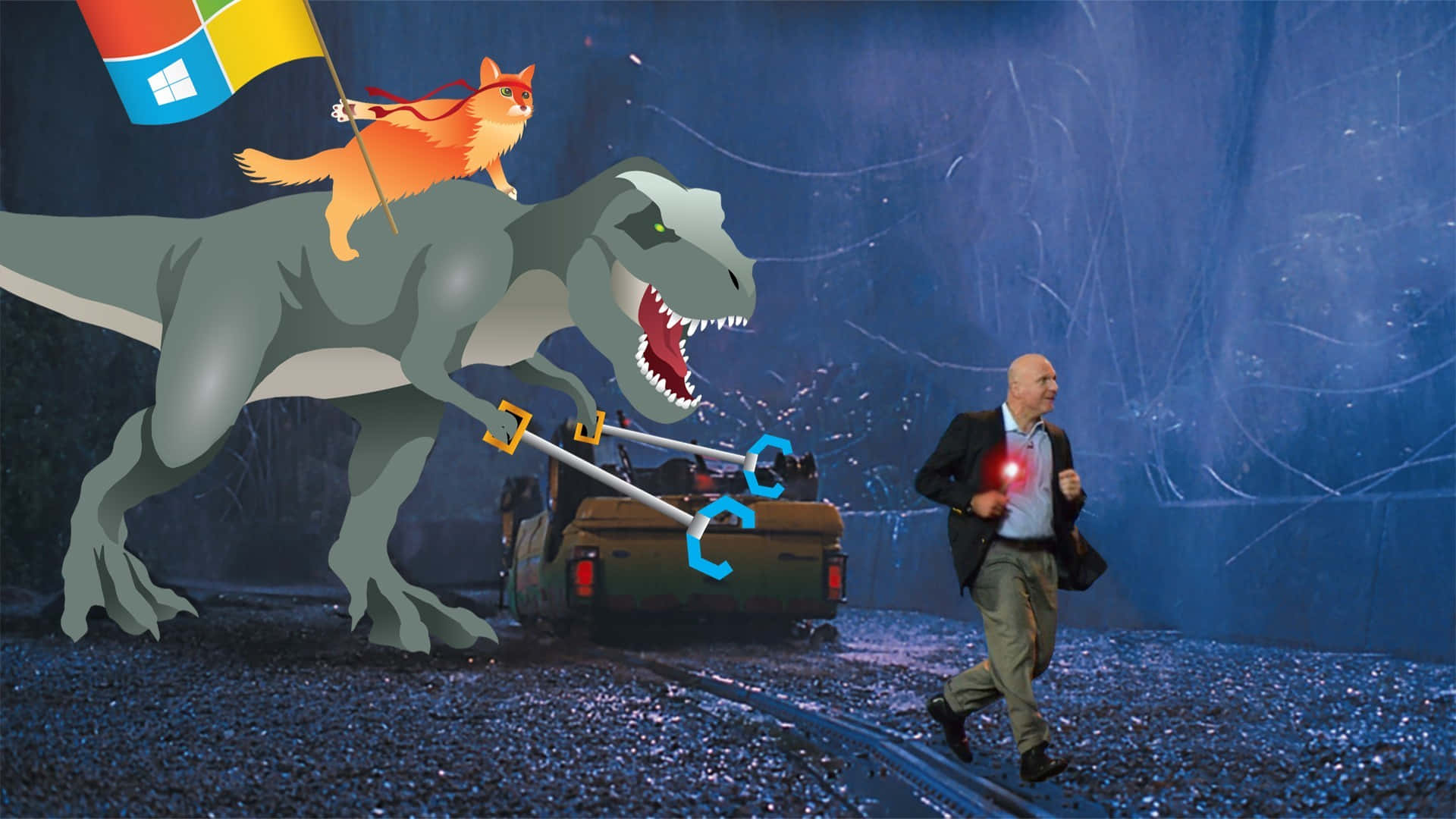 Enmand Går Med En Dinosaur Og En Kat. Wallpaper