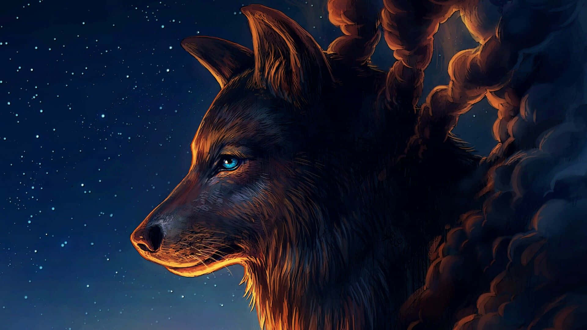 Wolf Head With Blue Eyes And A Starry Sky