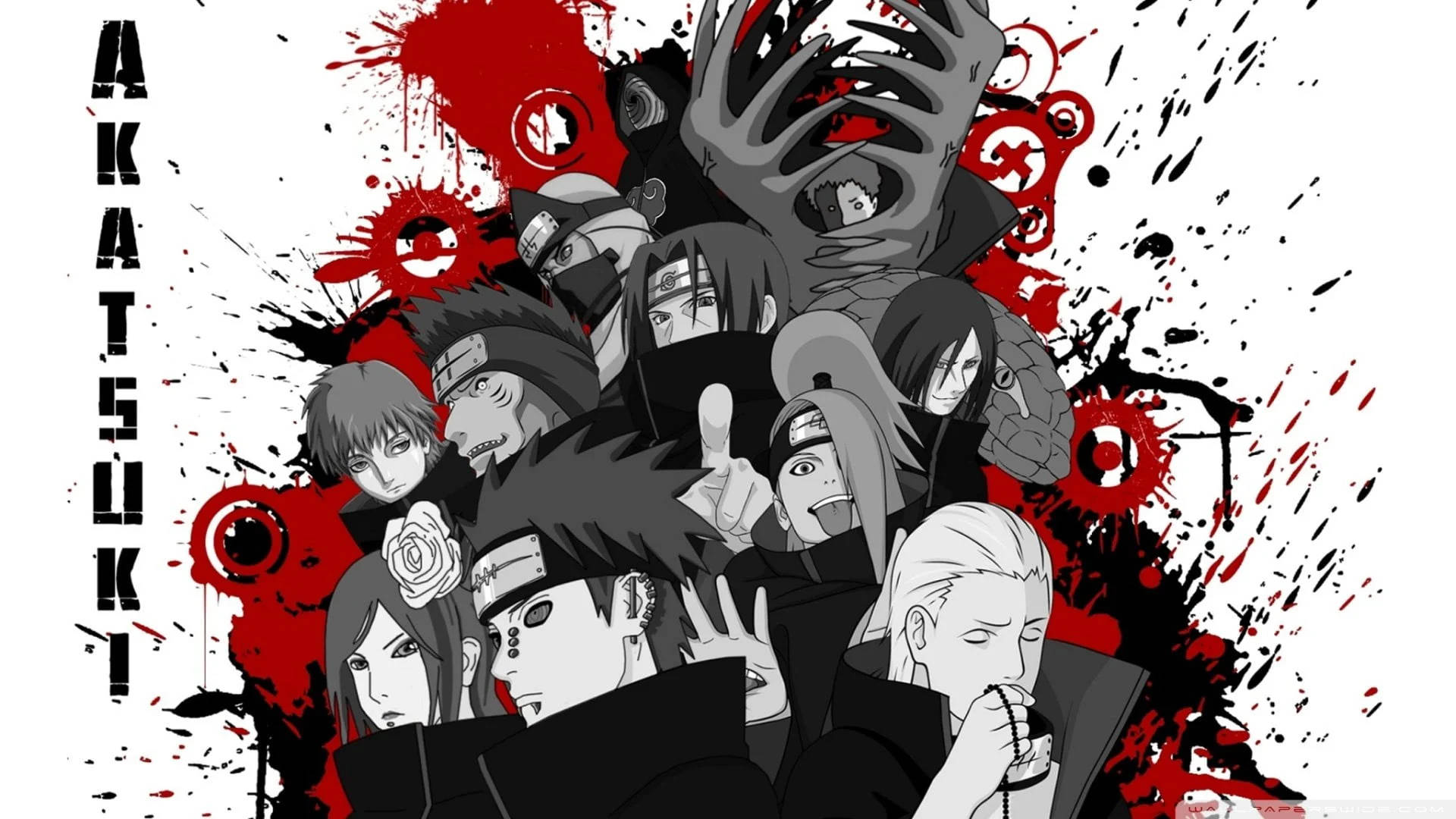 Dope Anime Akatsuki Wallpaper — A dynamic anime wallpaper featuring the Akatsuki organization with bold red splatters and intense character expressions.