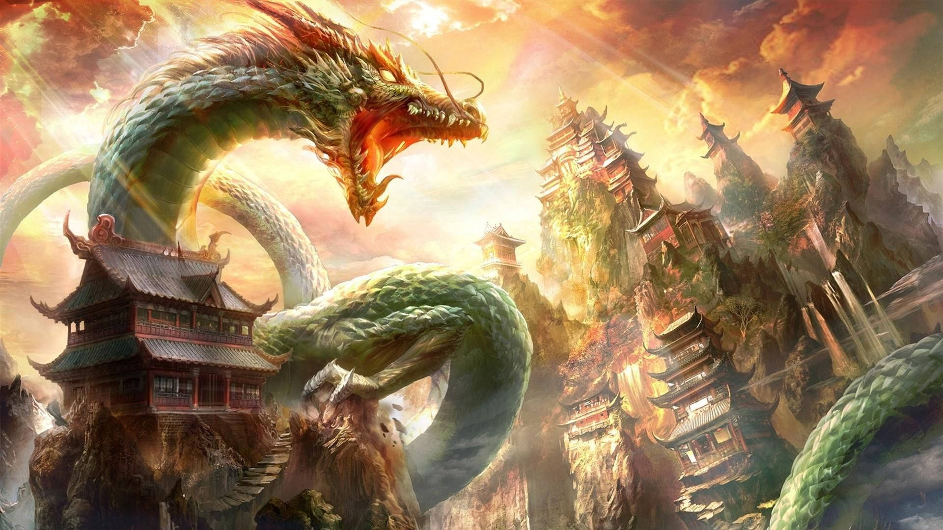 Coolest Dragon Attacks Chinse Temples Wallpaper