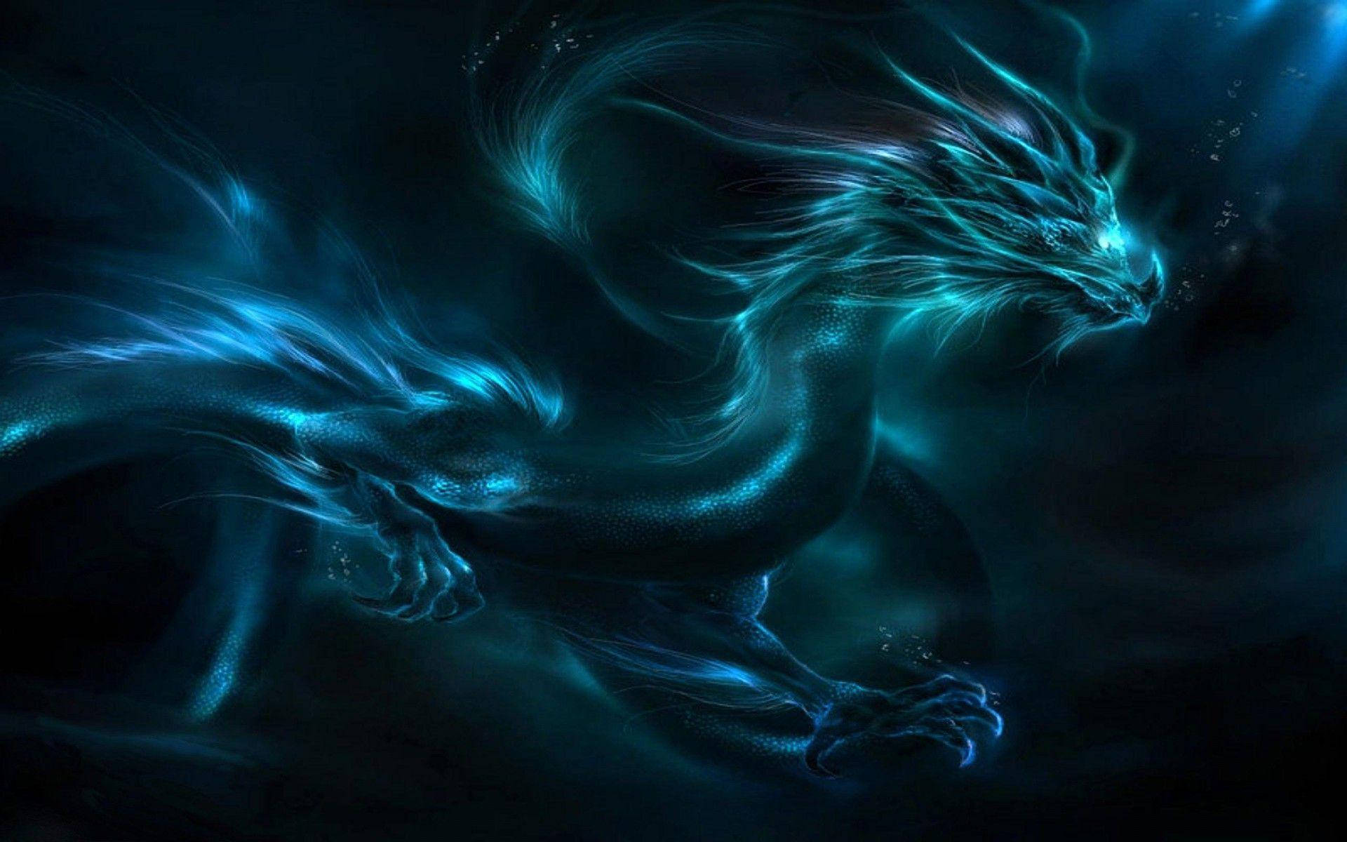 “Awesome Dragon with Blue and Orange Flames” Wallpaper