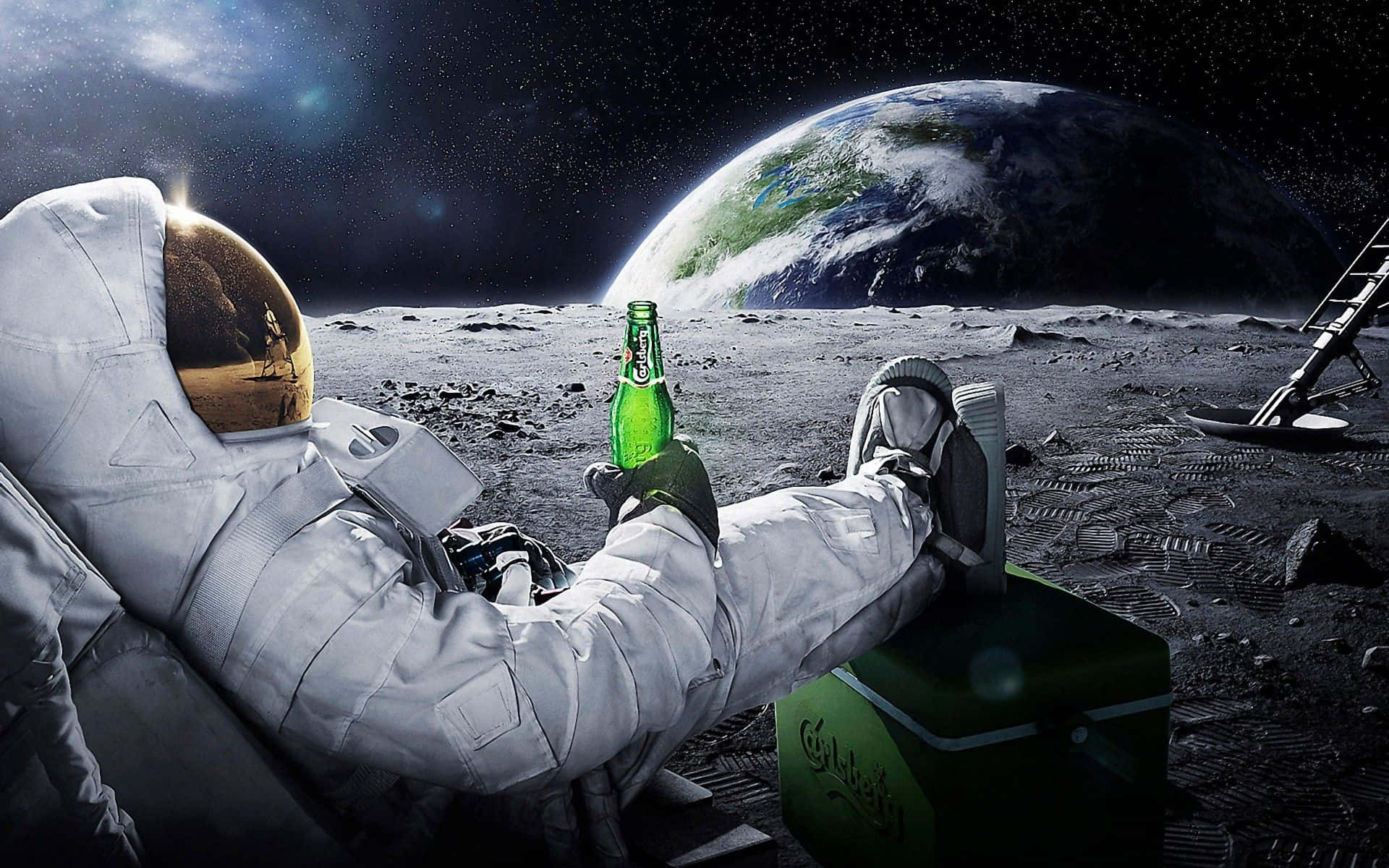 An Astronaut Is Sitting On The Moon With A Beer