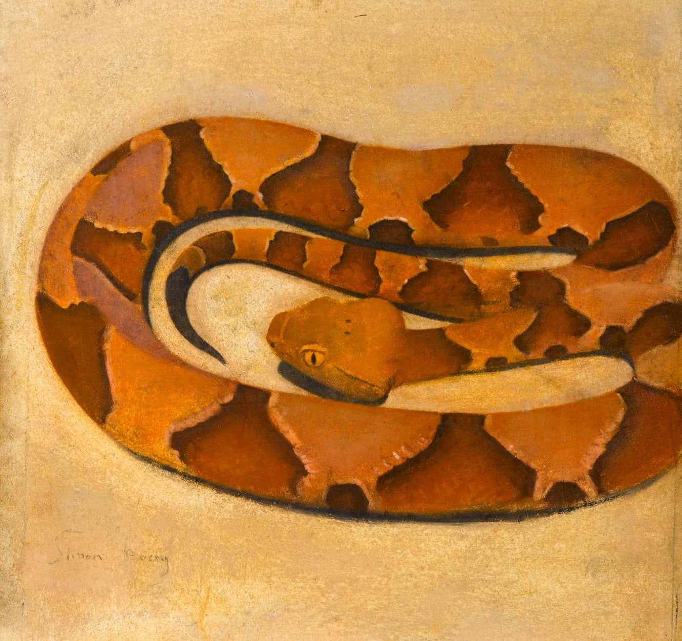 A Painting Of A Snake On A Brown Background