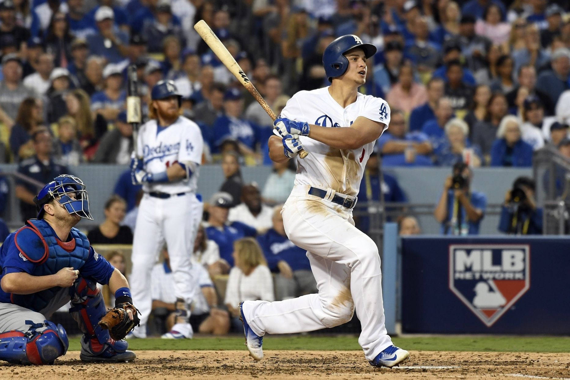 Corey Seager Looking Up While Holding Bat Wallpaper
