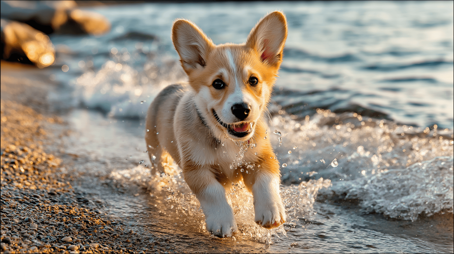 Corgi On Beach At Sunset Wallpaper