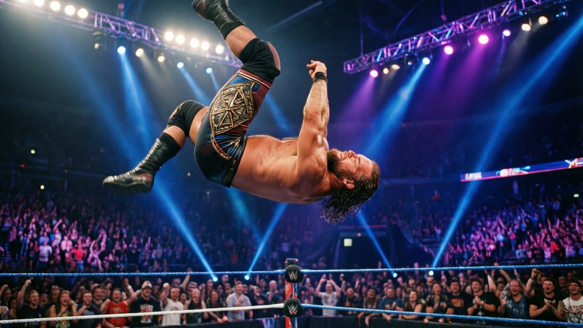 John Morrison utför en spektakulär corkscrew moonsault från topprepet.