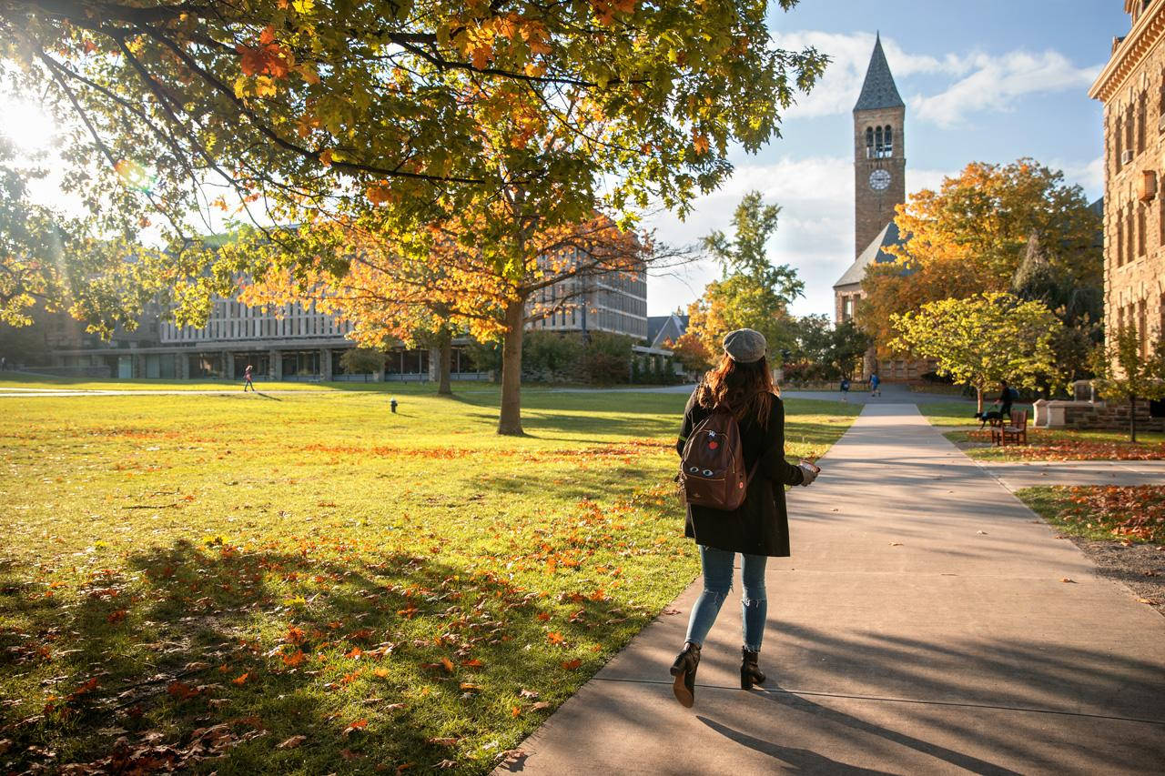 En Cornell University-studerende går gennem campus. Wallpaper