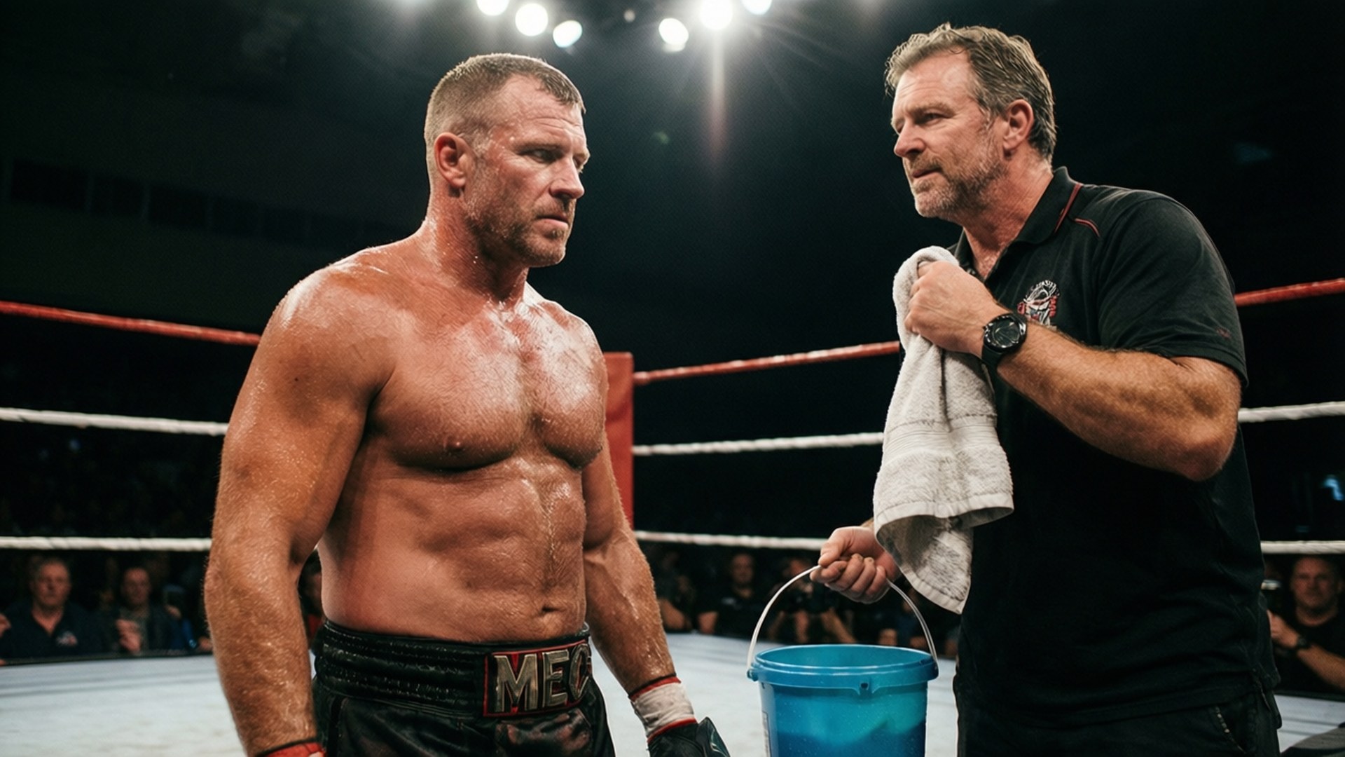 Wrestler and coach in ring after match with towel and bucket