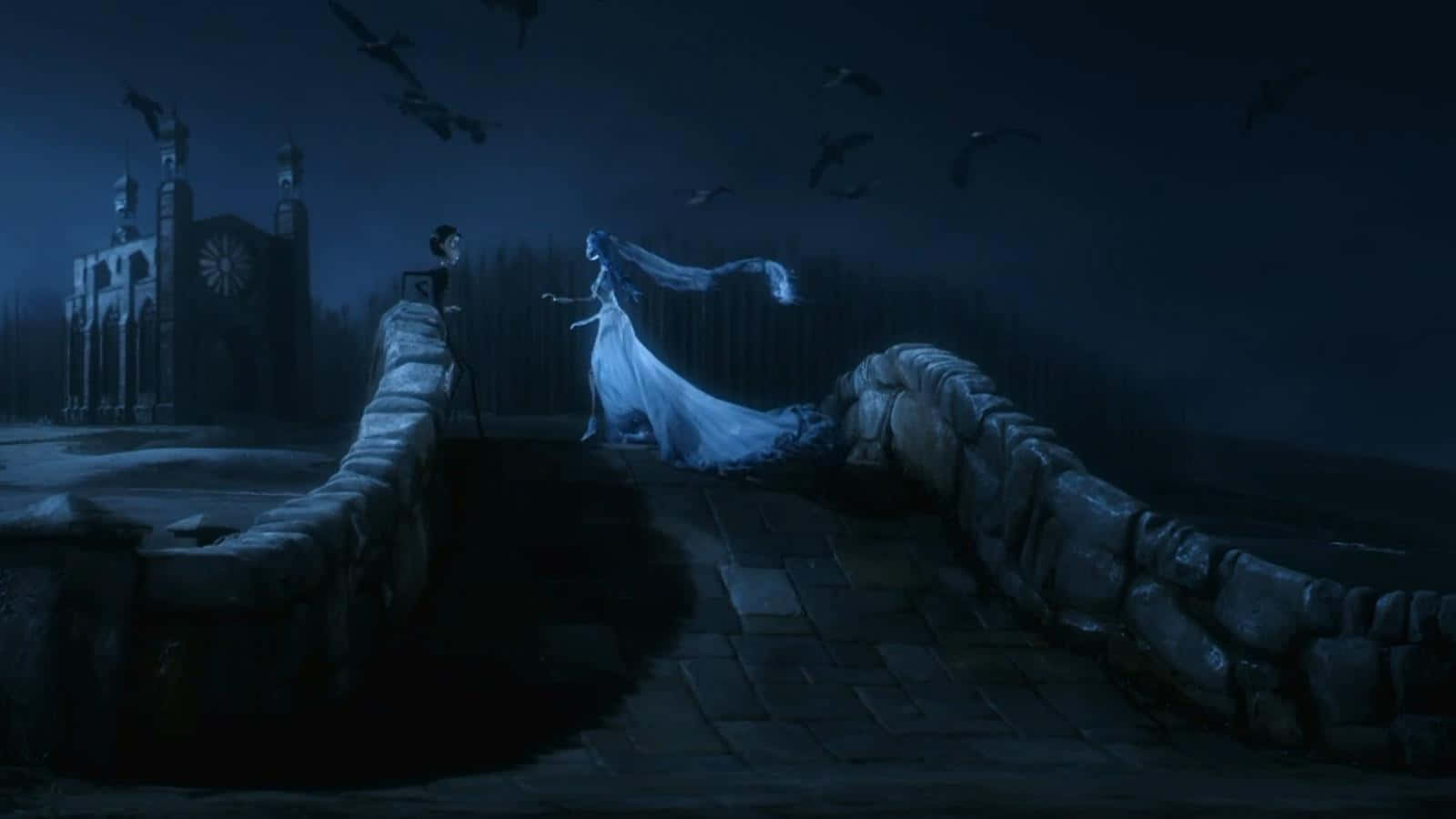 The Corpse Bride and Victor embrace in a moonlit forest