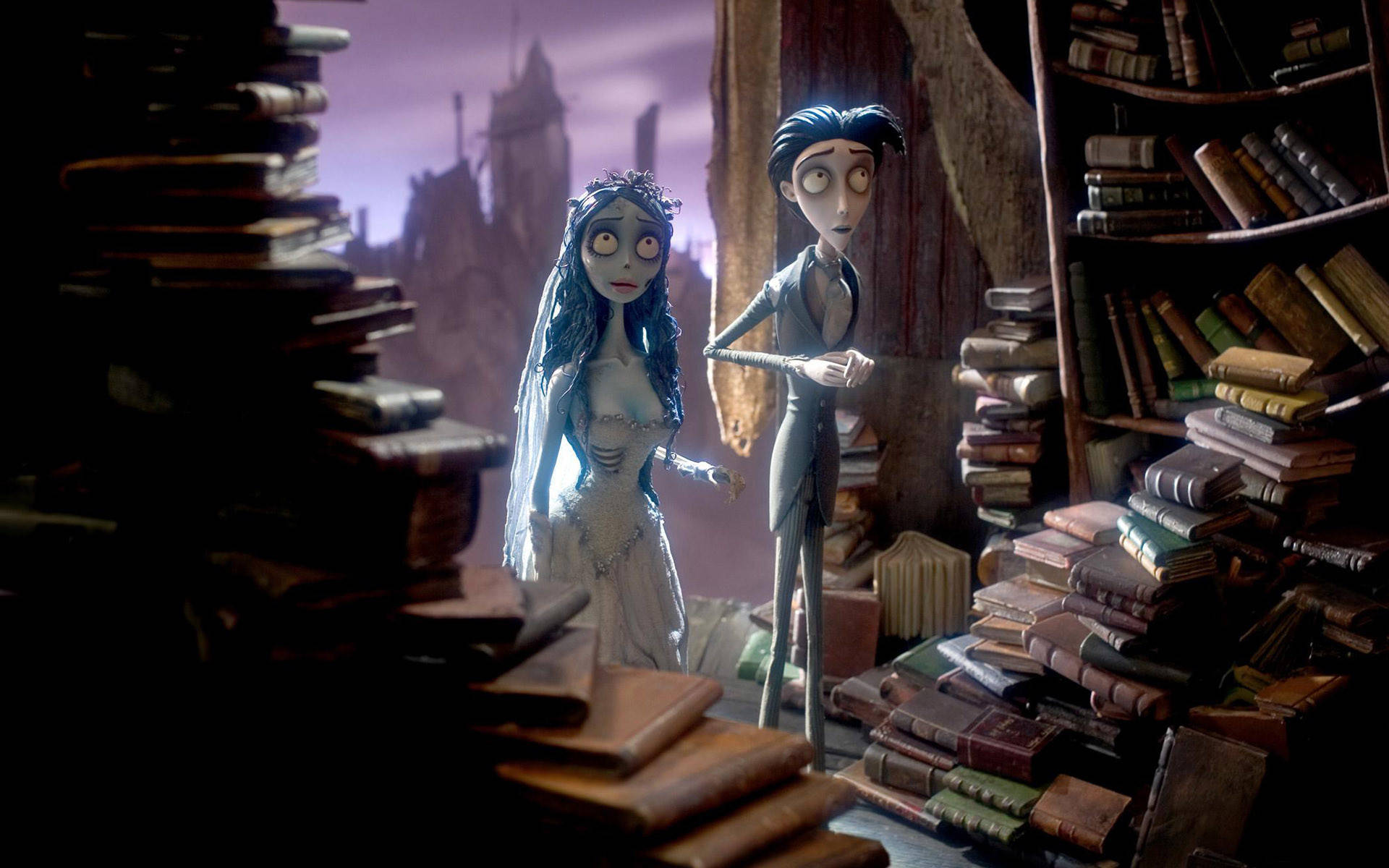 Corpse Bride And Victor In A Library Wallpaper
