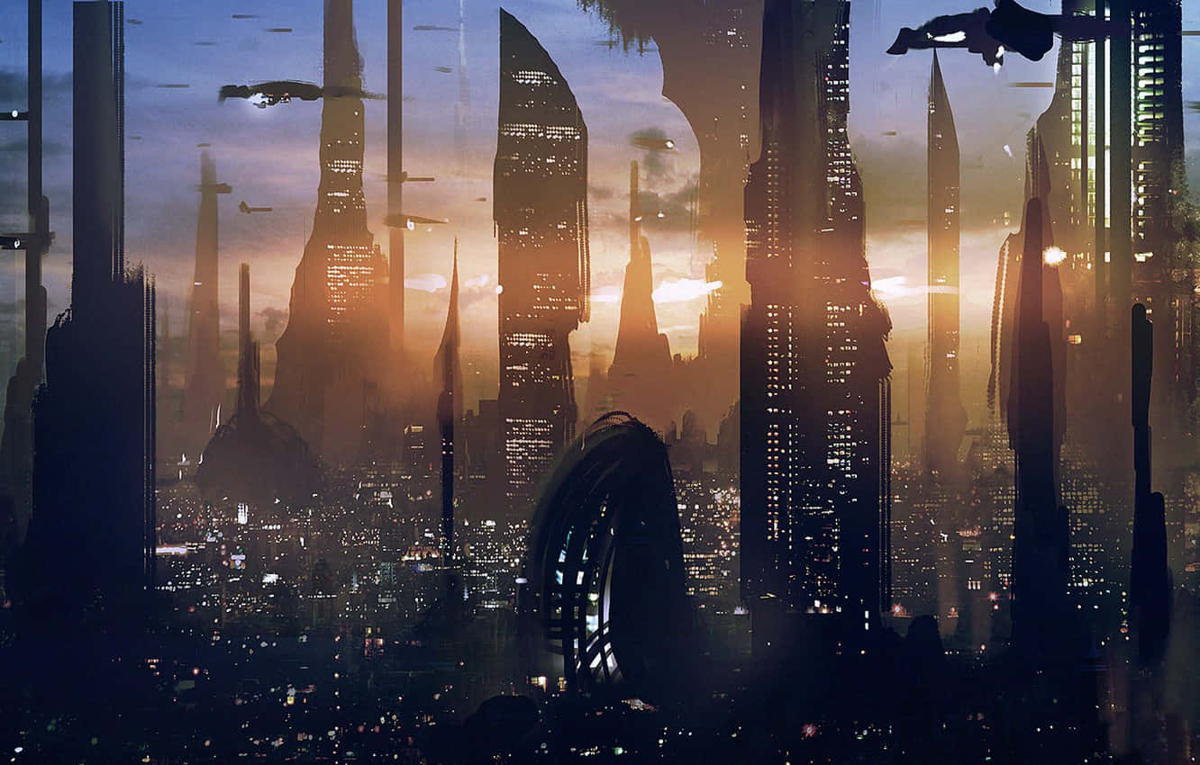 Stunning view of Coruscant's cityscape at night Wallpaper