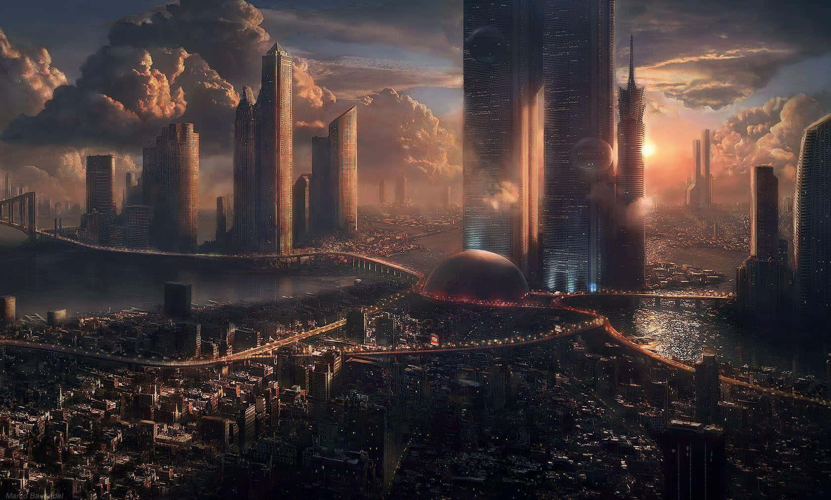 A breathtaking view of Coruscant's skyline at dusk Wallpaper