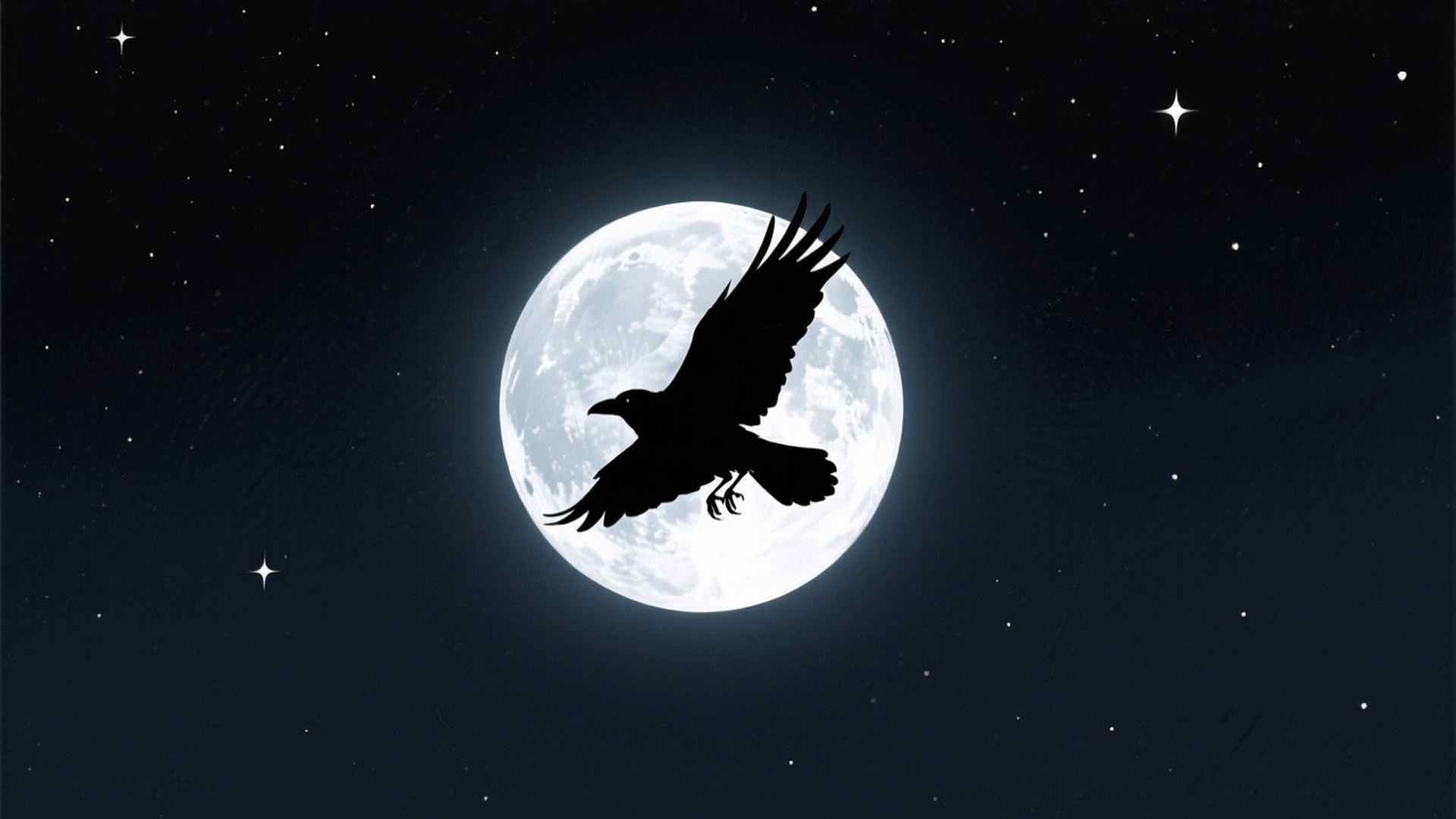 Crow and Moon Wallpaper — A black raven soars in silhouette against a luminous full moon under a starry night sky.