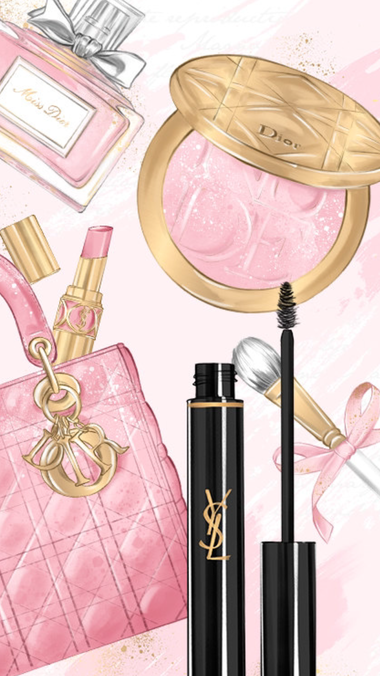 Brighten up your look with cosmetics! Background — A glamorous pink-themed collage of luxury beauty items including Dior perfume blush lipstick and YSL mascara with a quilted handbag.