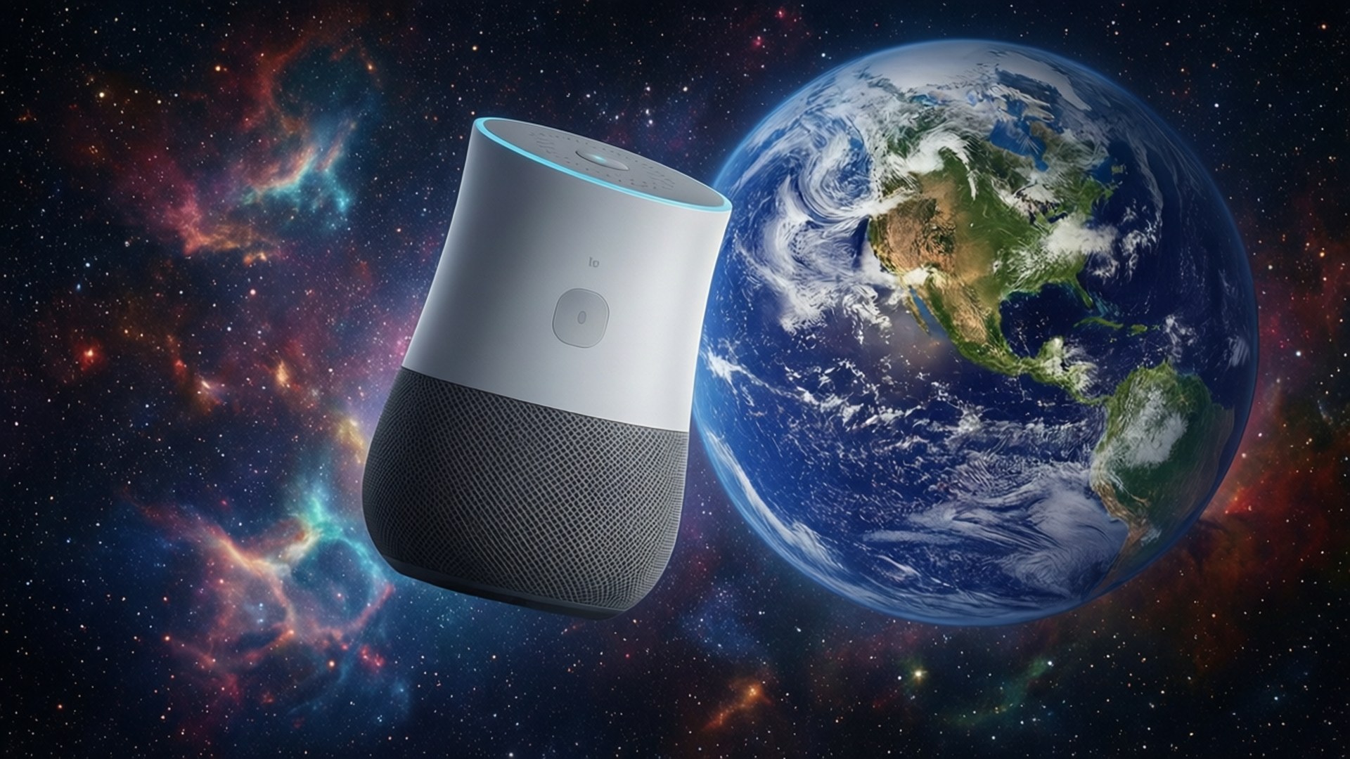 Google Home flutuando no espaço com a Terra atrás, papel de parede cósmico surreal.