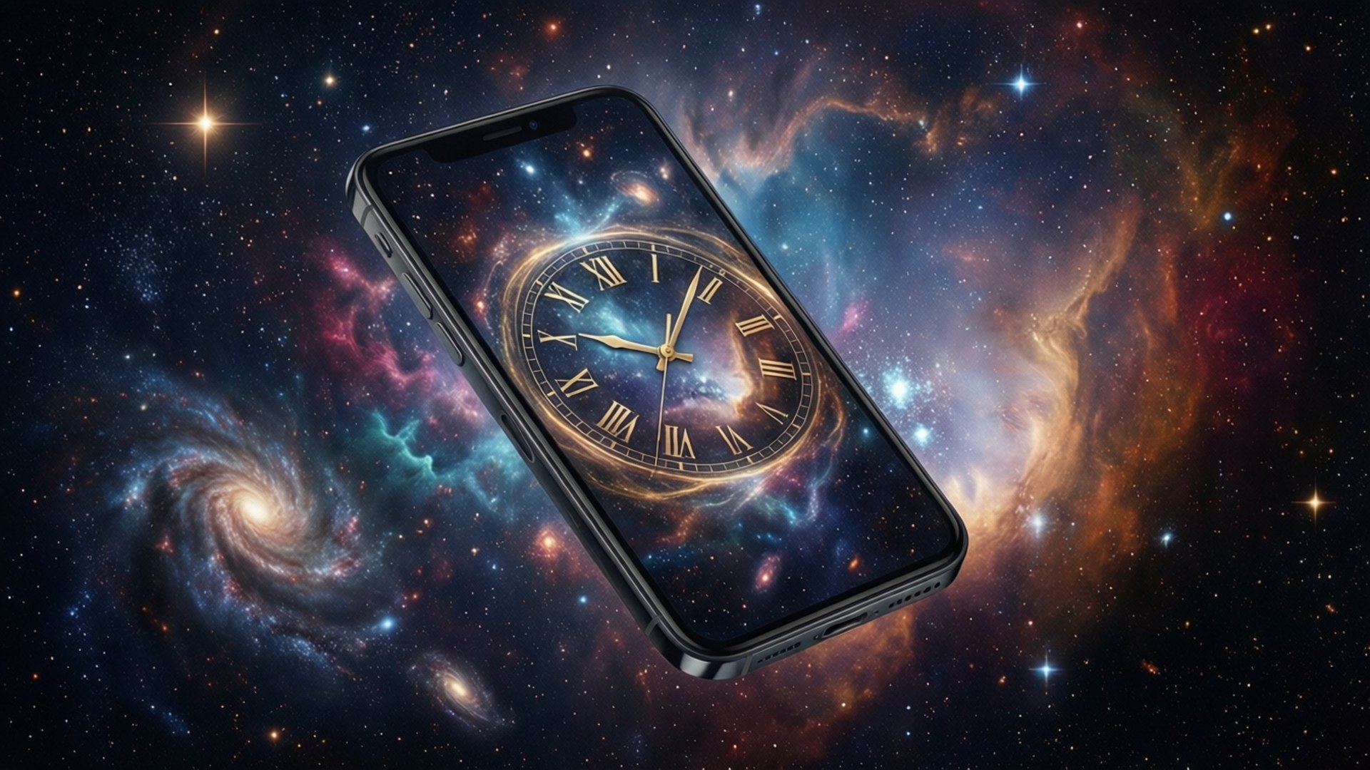 iPhone fluttuante nello spazio con sfondo orologio cosmico
