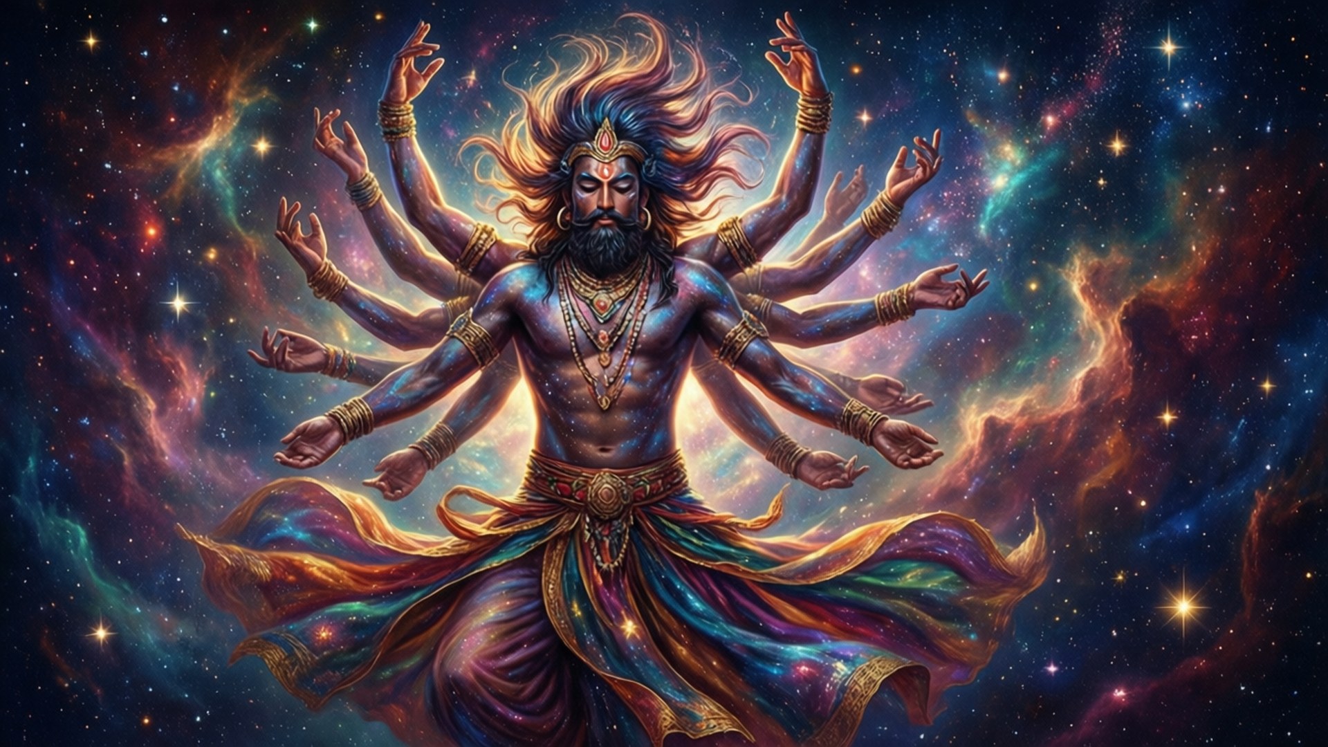 Rudra som den kosmiske danser blandt stjerner og tåger.