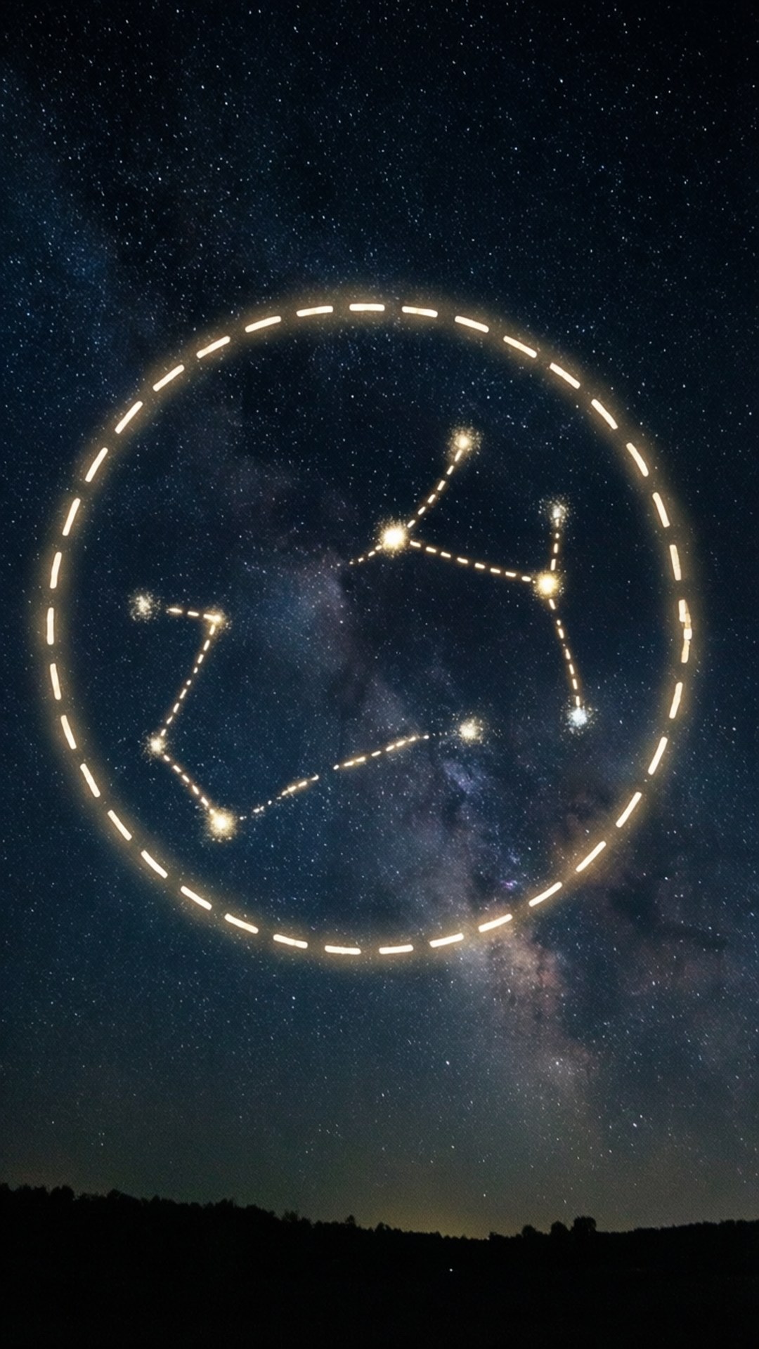 Sfondo surreale di un cerchio tratteggiato luminoso in un cielo notturno stellato.