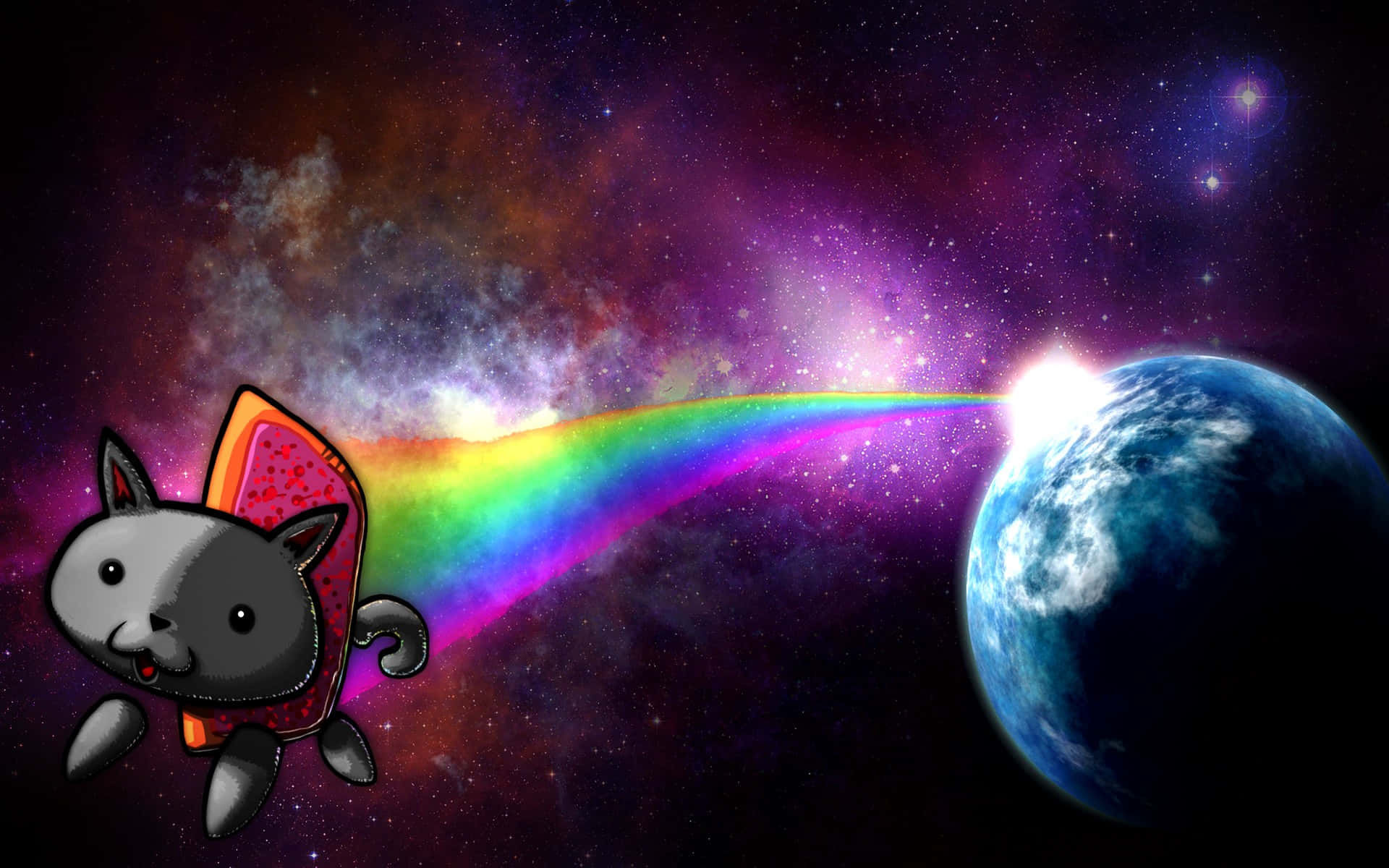 Cosmic Feline Rainbow Propulsion Wallpaper