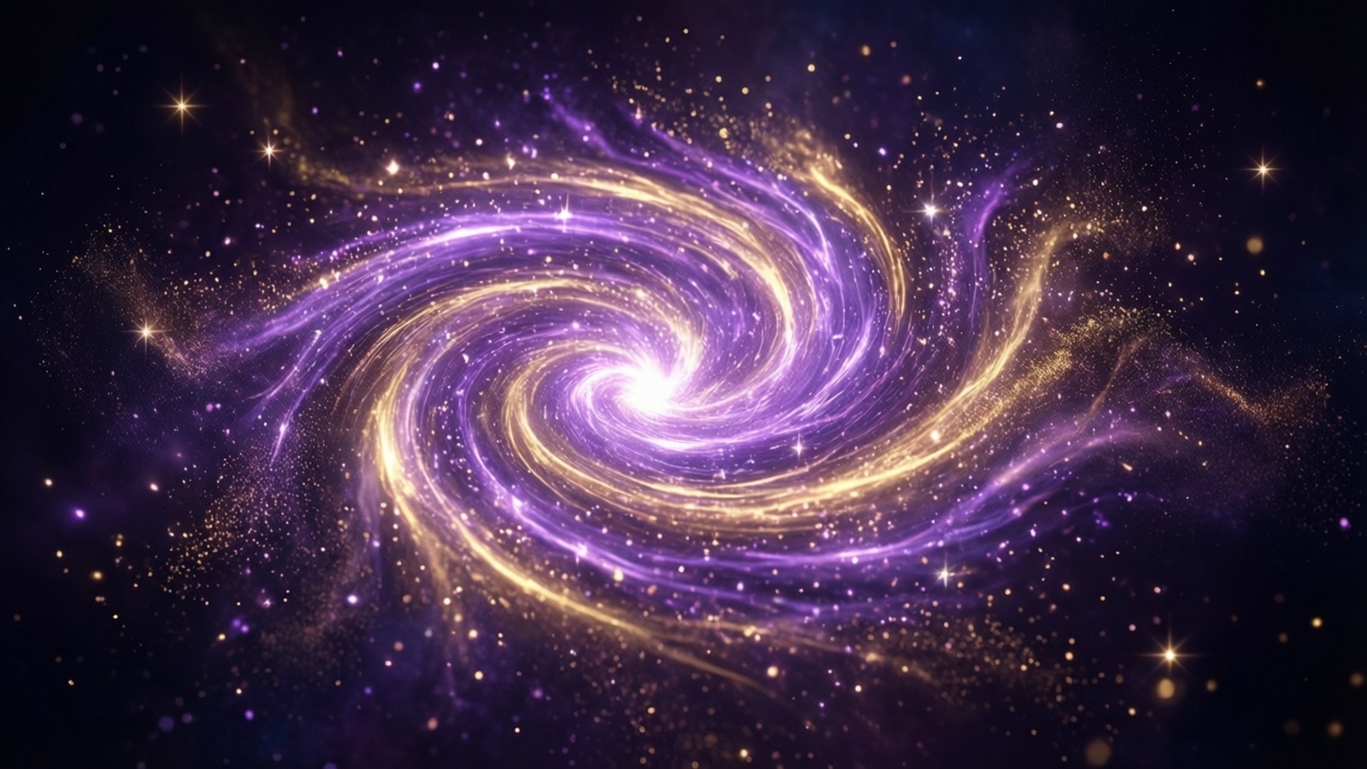En levende lilla og gylden magisk hvirvel med funklende stjerner på en mørk kosmisk baggrund.