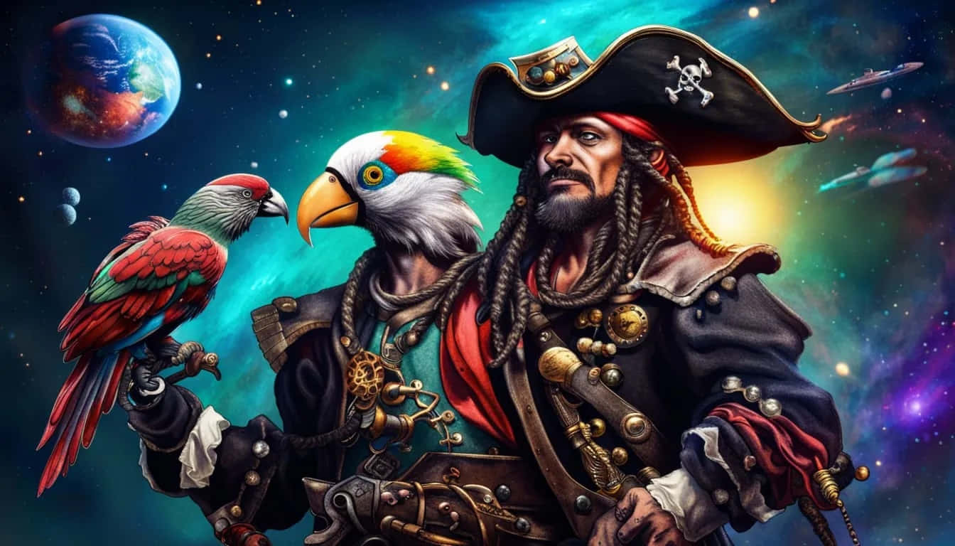 Cosmic Pirateand Parrot Fantasy Artwork Wallpaper