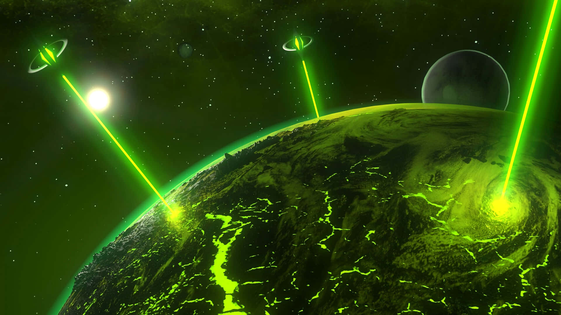 Cosmic Green Spaceship Light Wallpaper