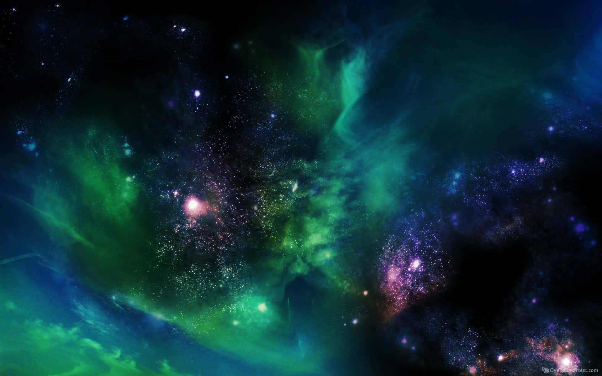 Cosmic Green Galaxy Clouds Pink Stars Wallpaper