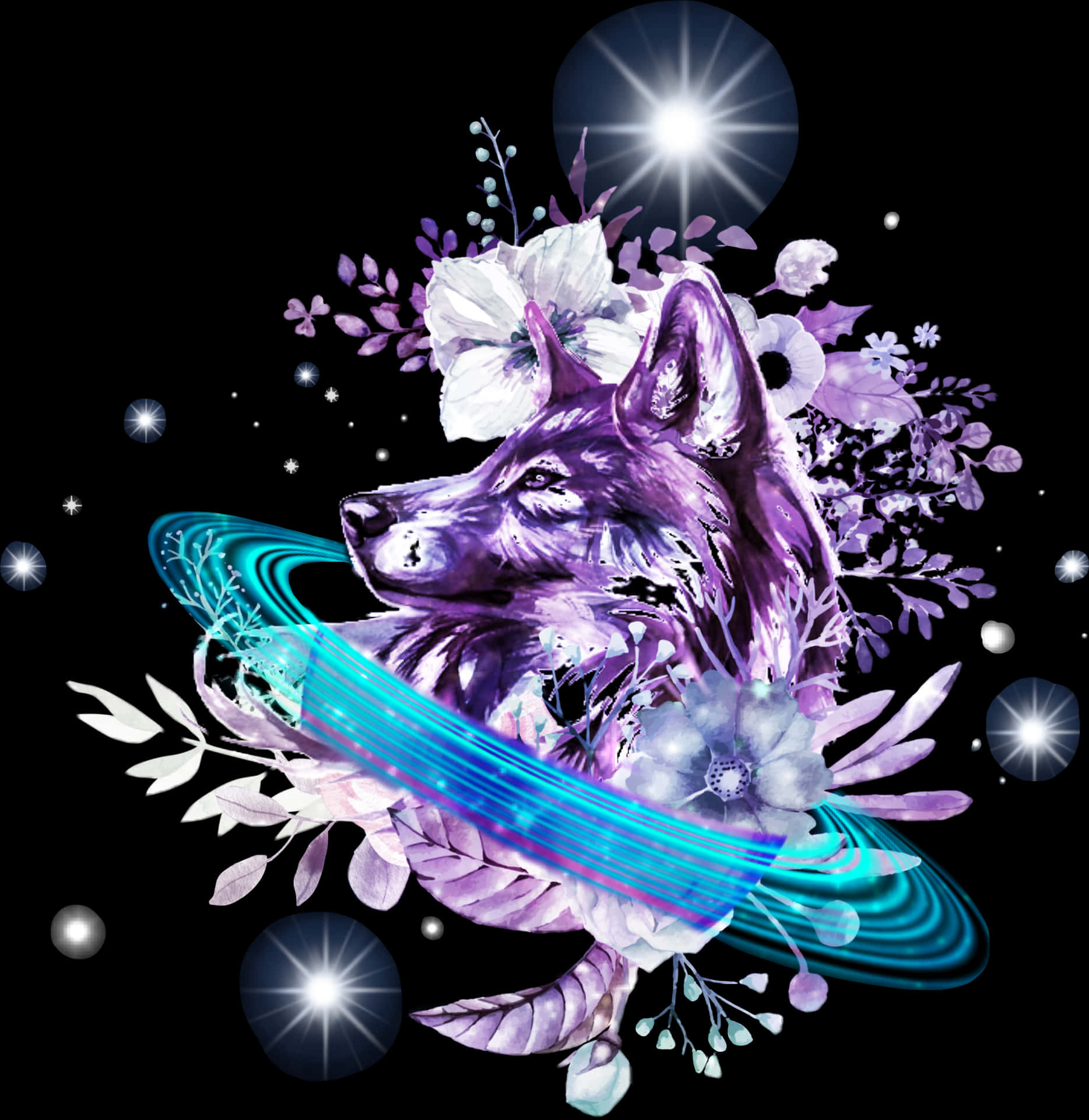 Cosmic Wolf Floral Fantasy PNG