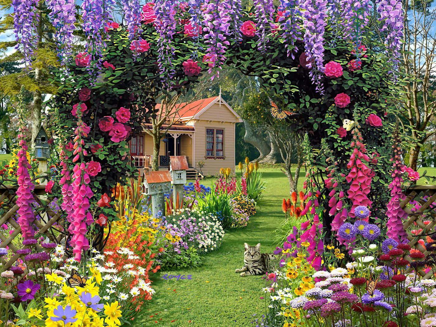Cottage Garden in Full Bloom Wallpaper