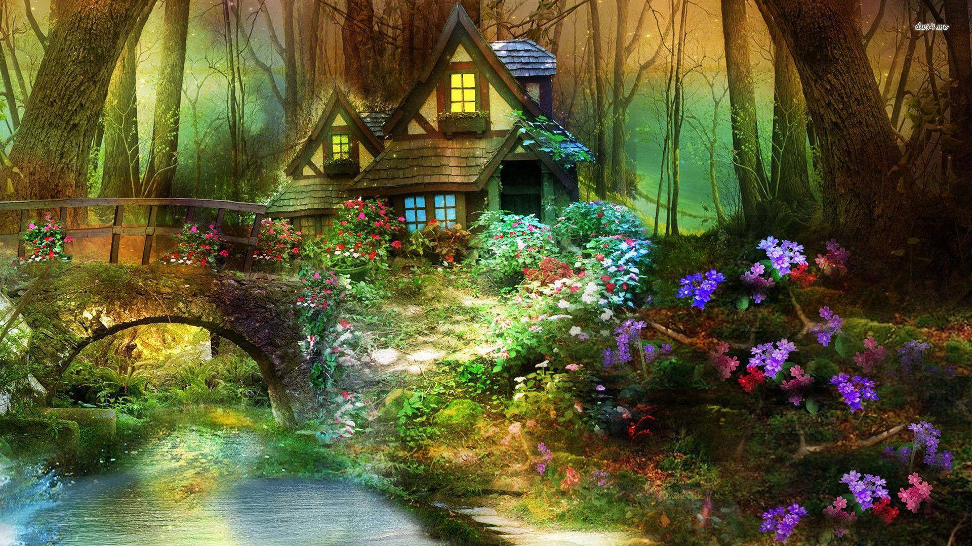 Cottage i en fortryllet skov. Wallpaper