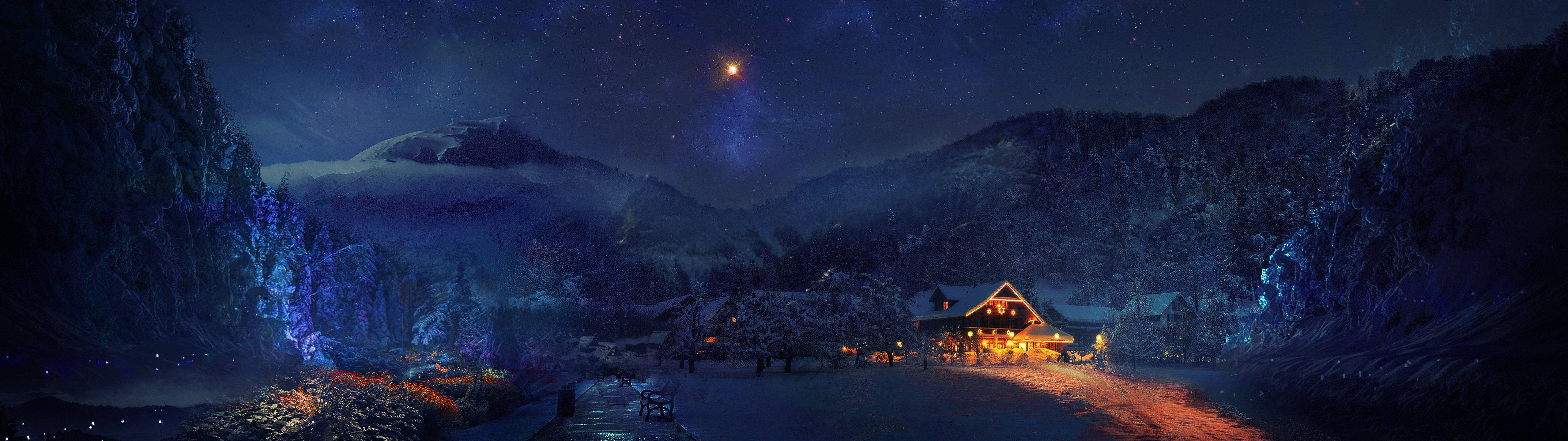 Cottage In Winter Night