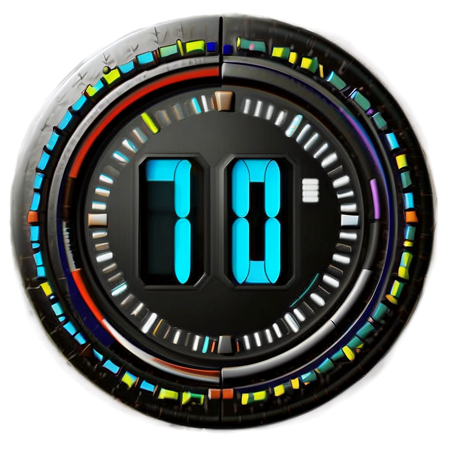 A digital clock showing time 10 with a colorful segmented ring around it. — Timepiece PNG
