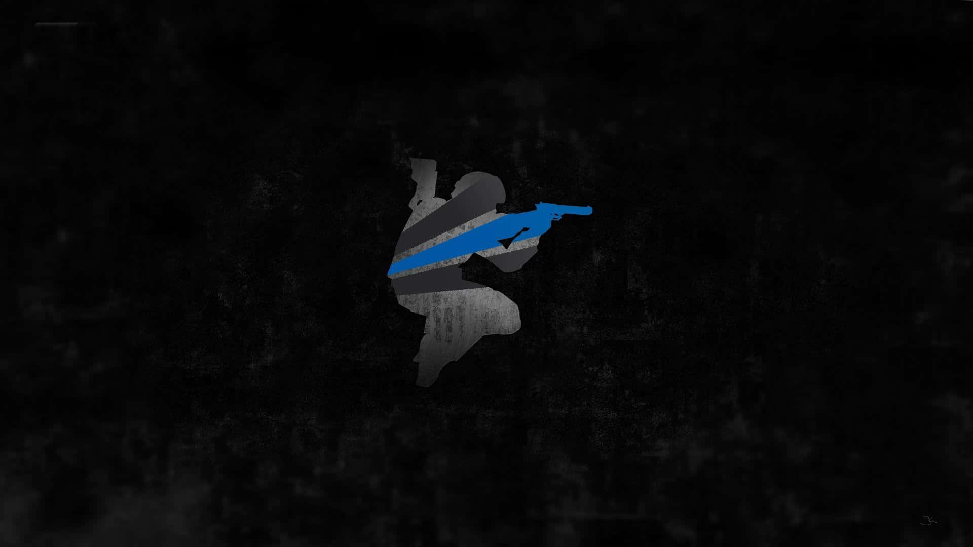 En blå og sort logo med en pistol Wallpaper