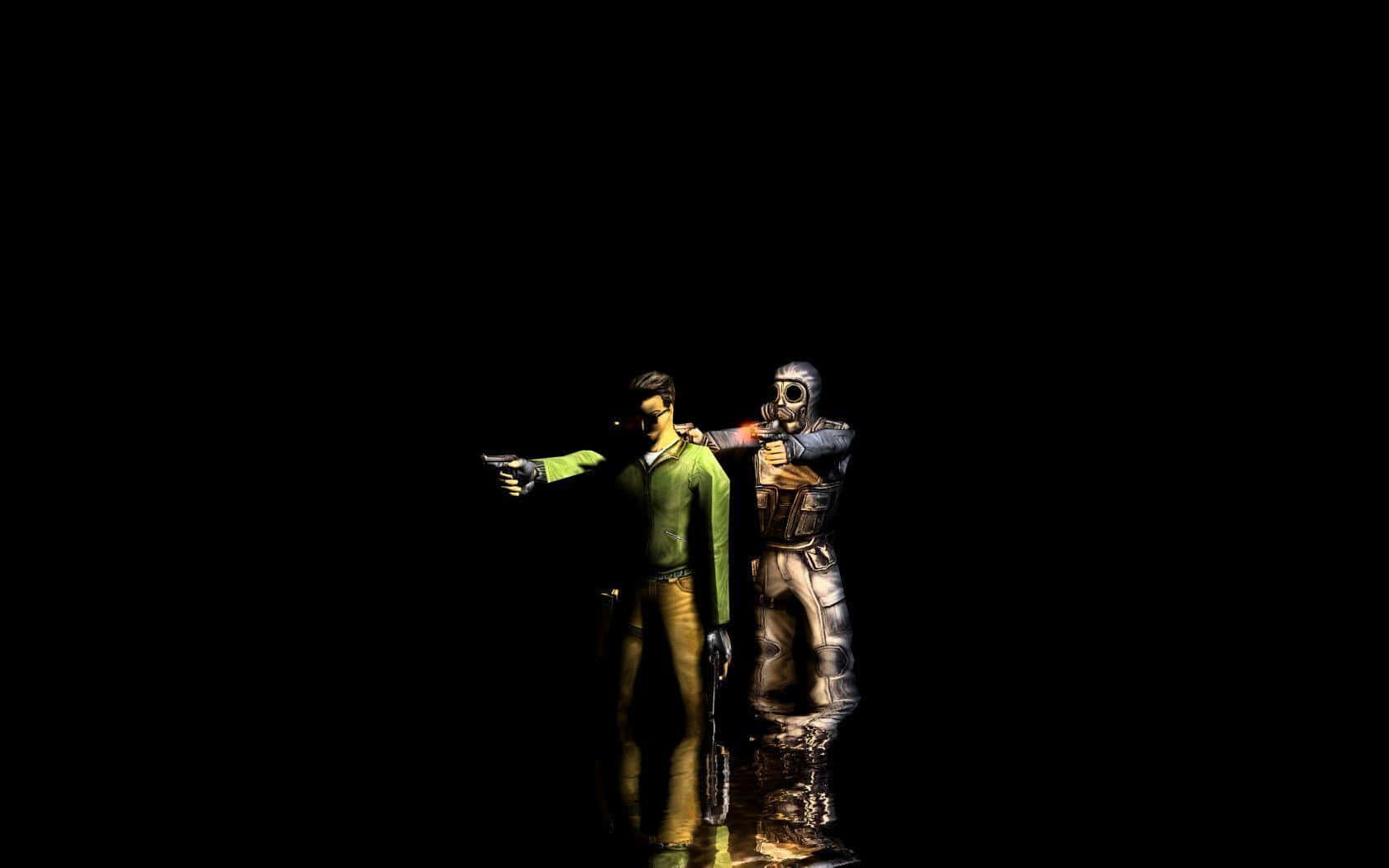 Zweipersonen Stehen Im Dunkeln Mit Waffen. Wallpaper