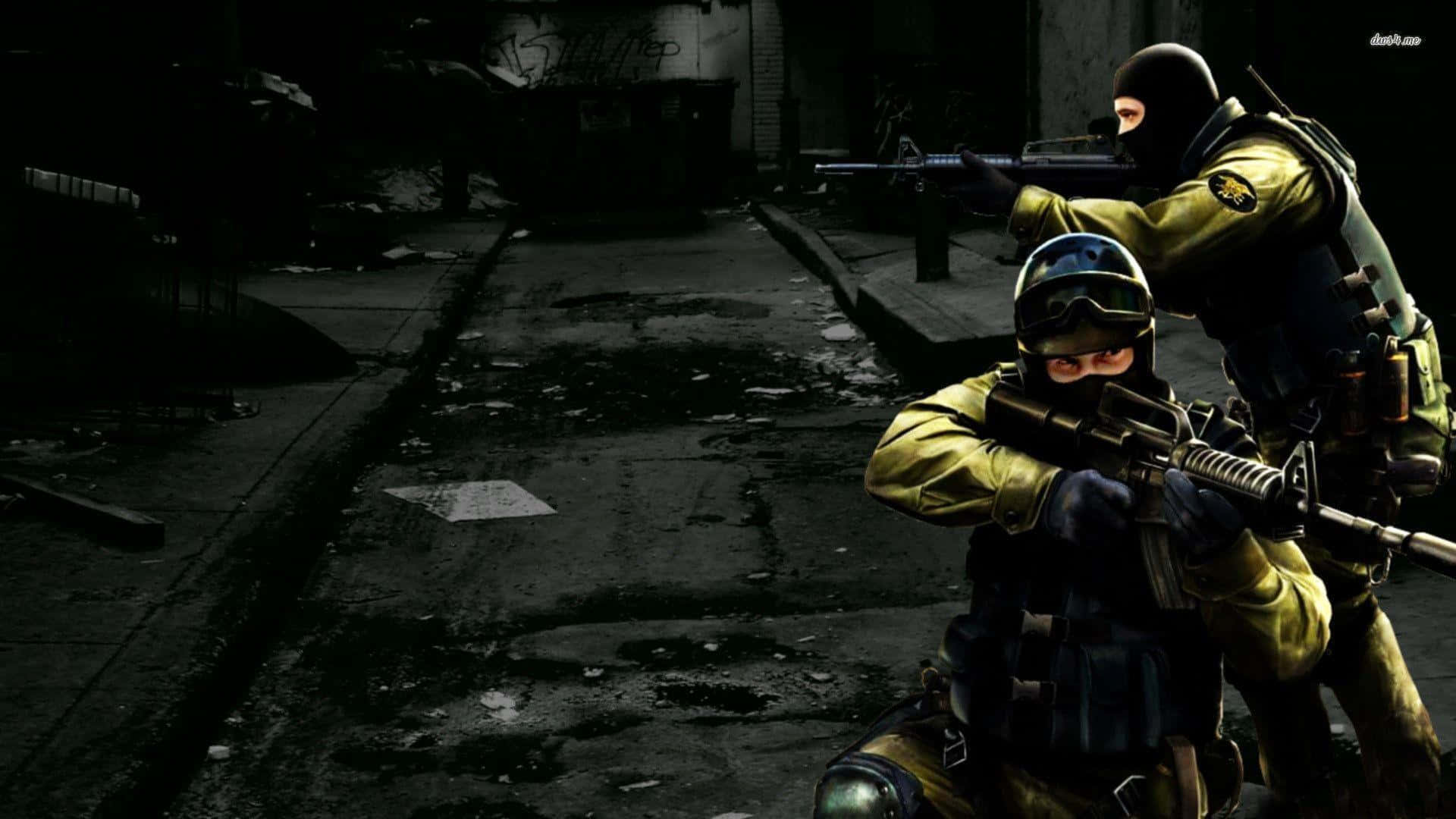 Two Soldiers In A Dark Street With Guns Wallpaper