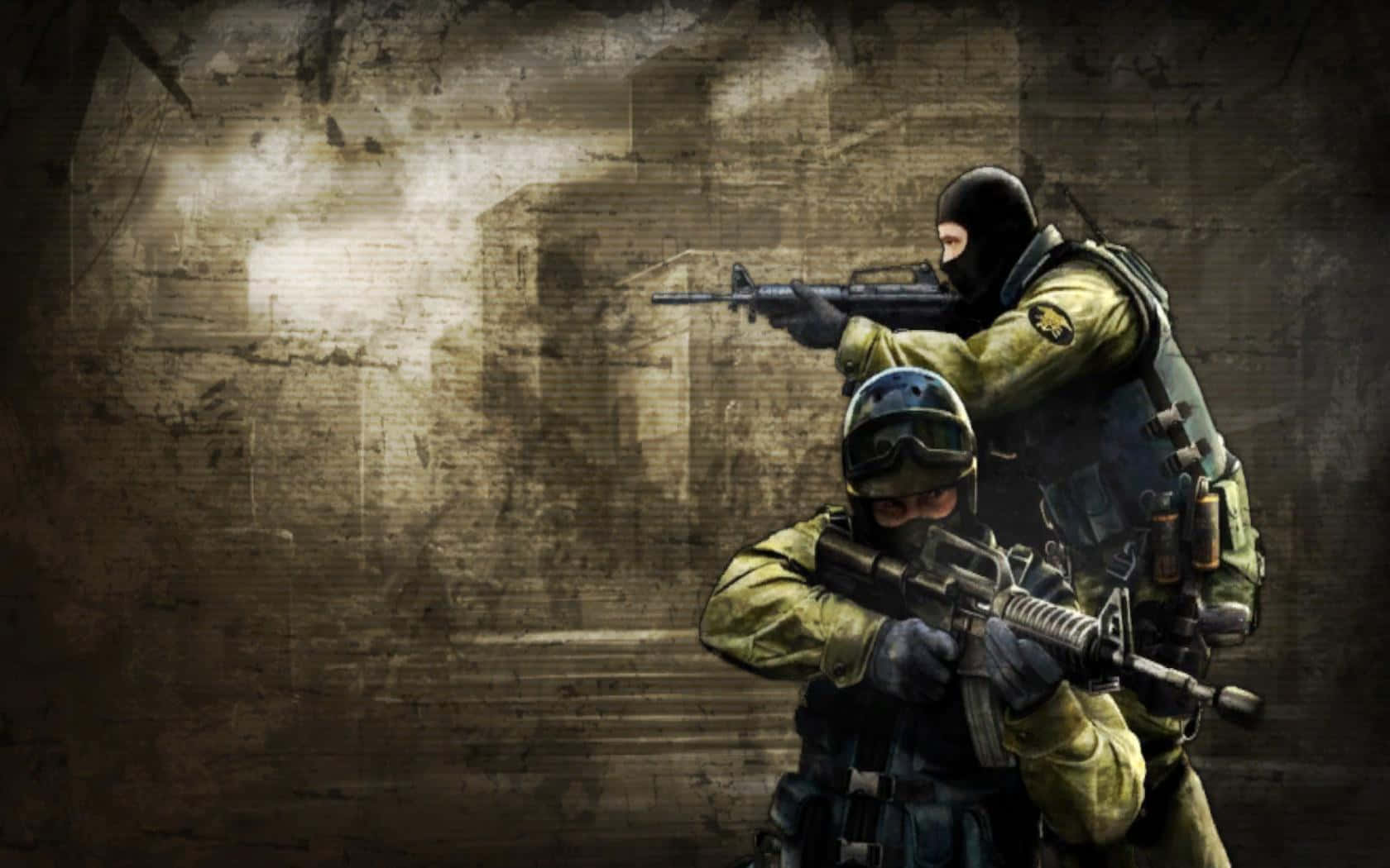 Counterstrike Source Loading Screen Wallpaper — Two tactical soldiers in green gear aim rifles against a gritty textured wall under dim lighting.
