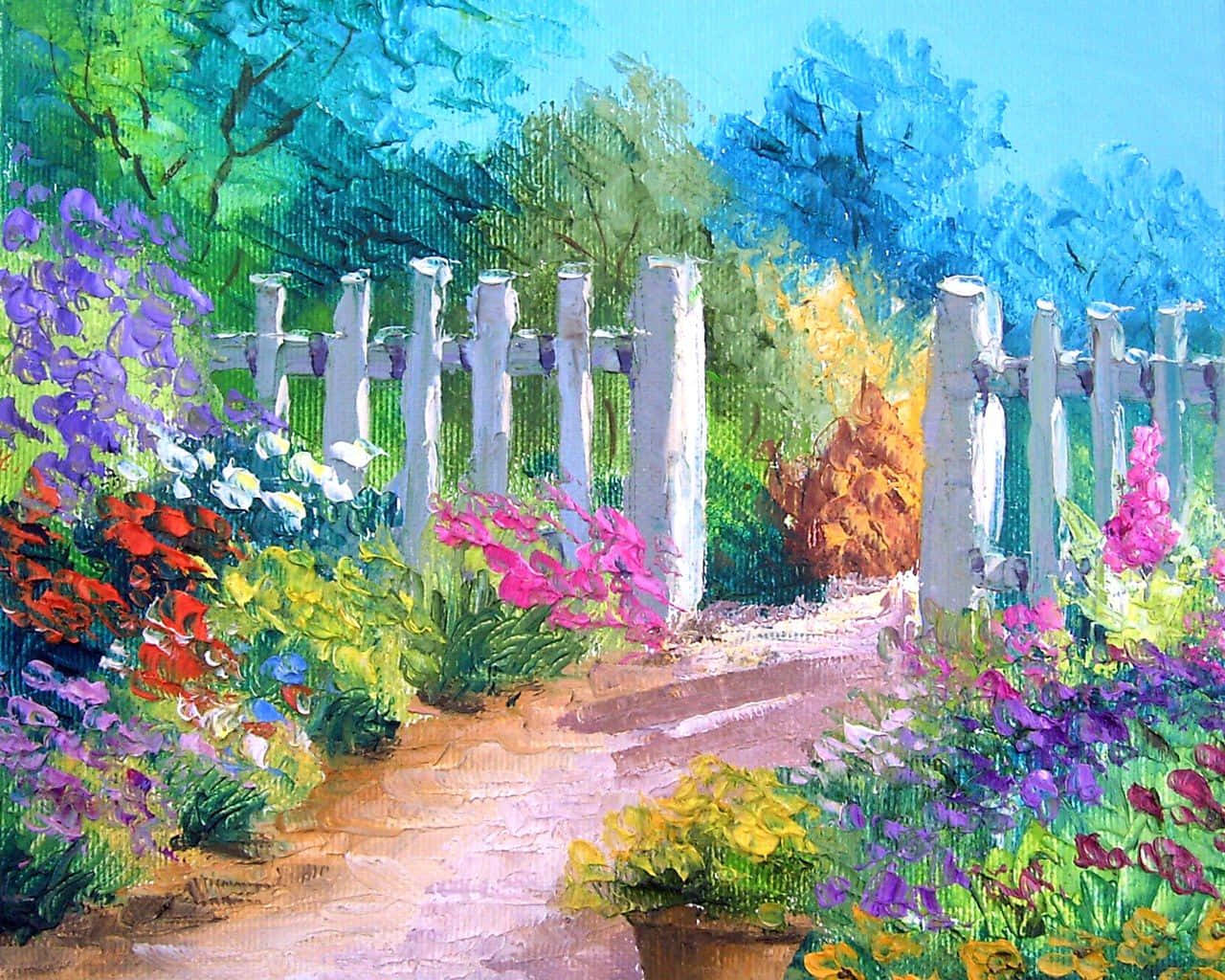 A Painting Of A Garden Gate With Flowers