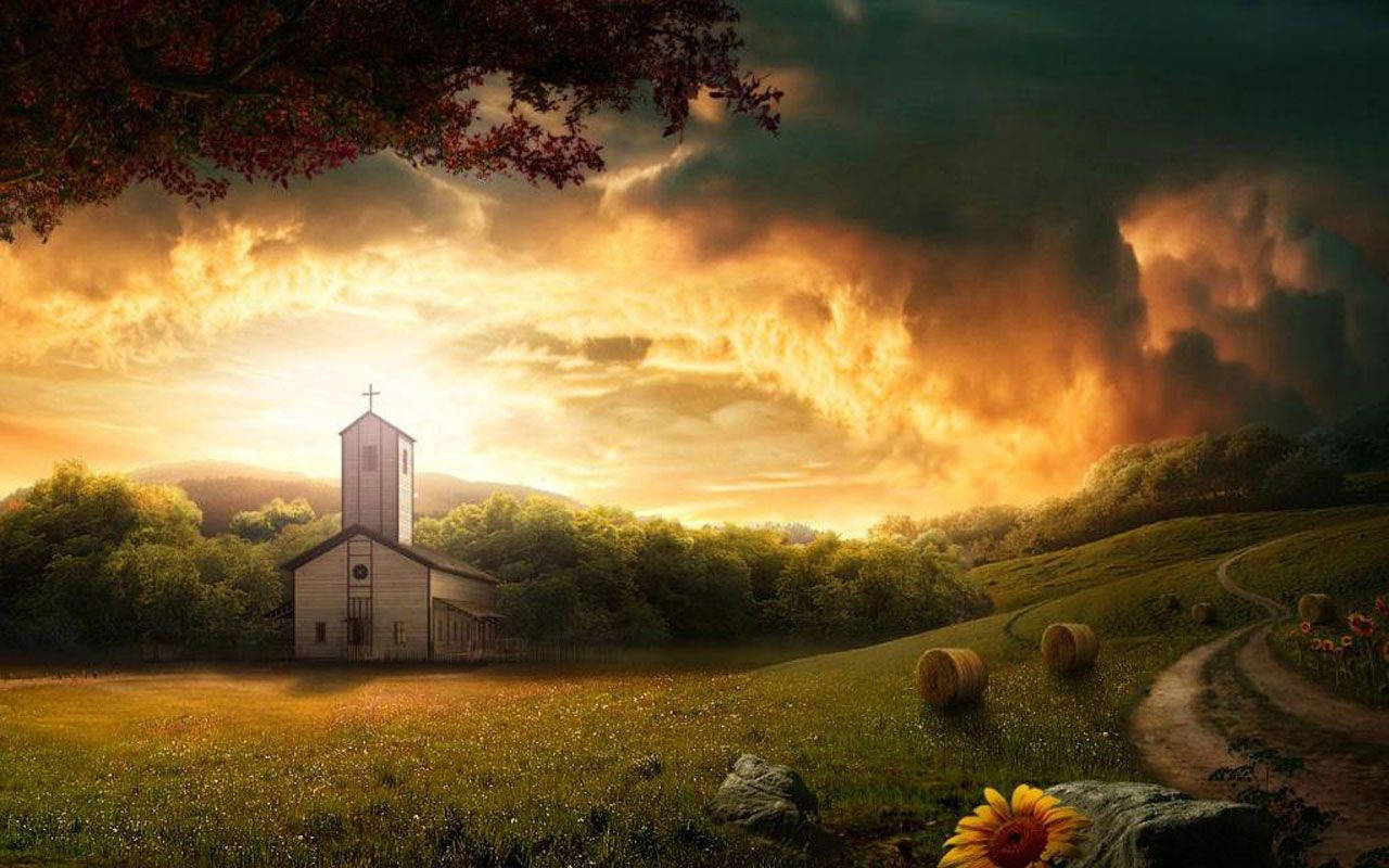 Country Church With Sunflower Background