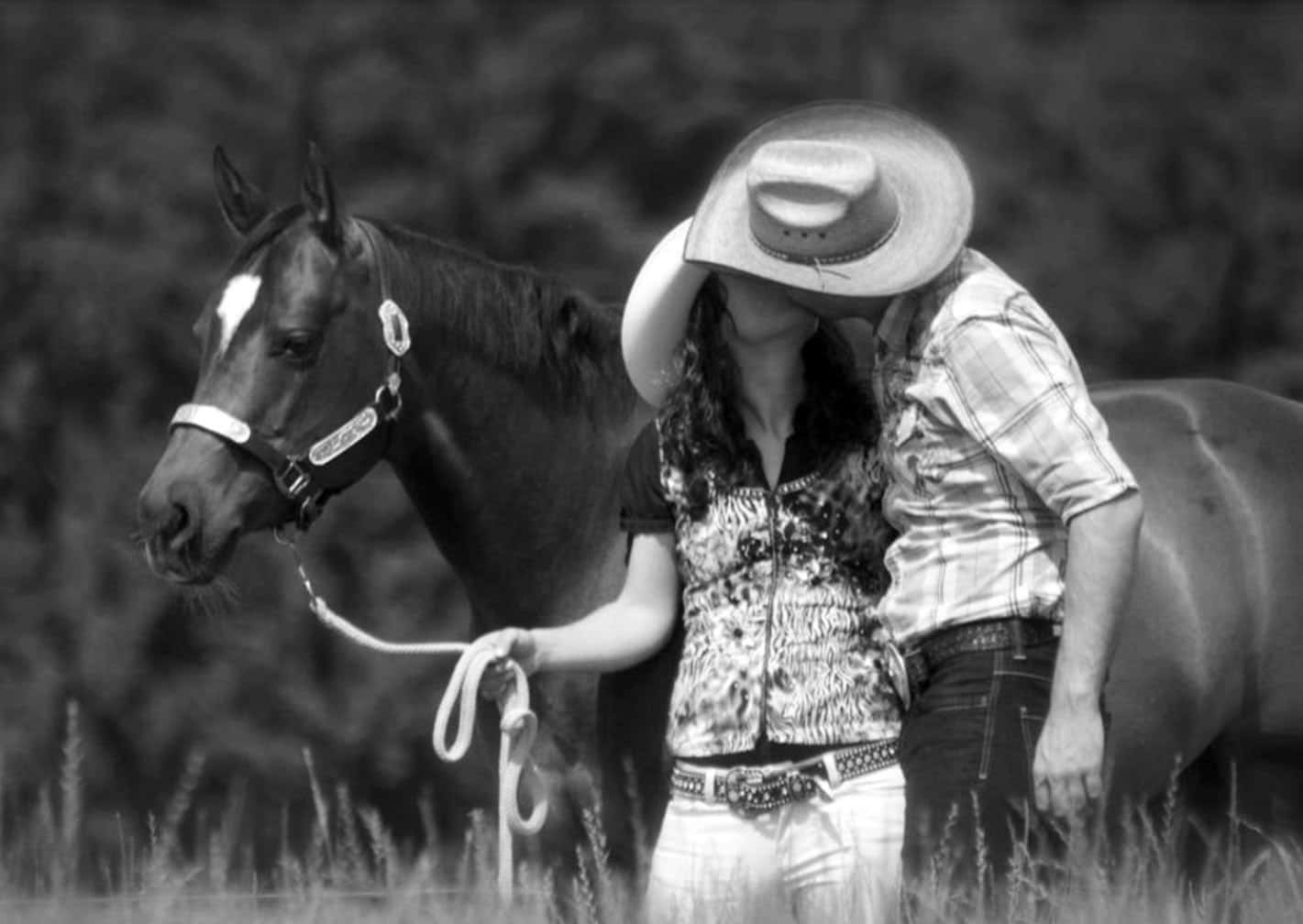 Country Couple Kissing With Horse Picture