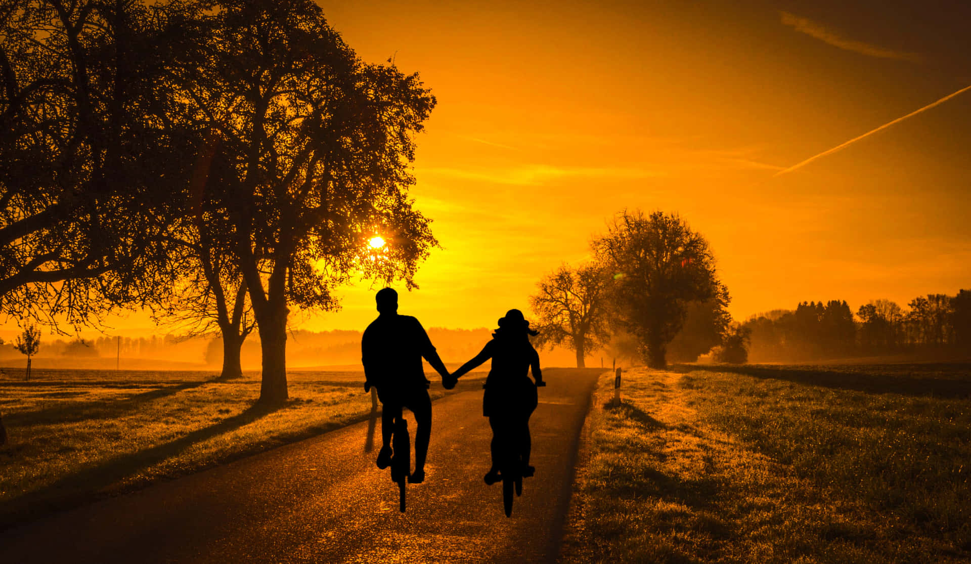 Fahrradfahrendespaar Im Land Silhouette Bild