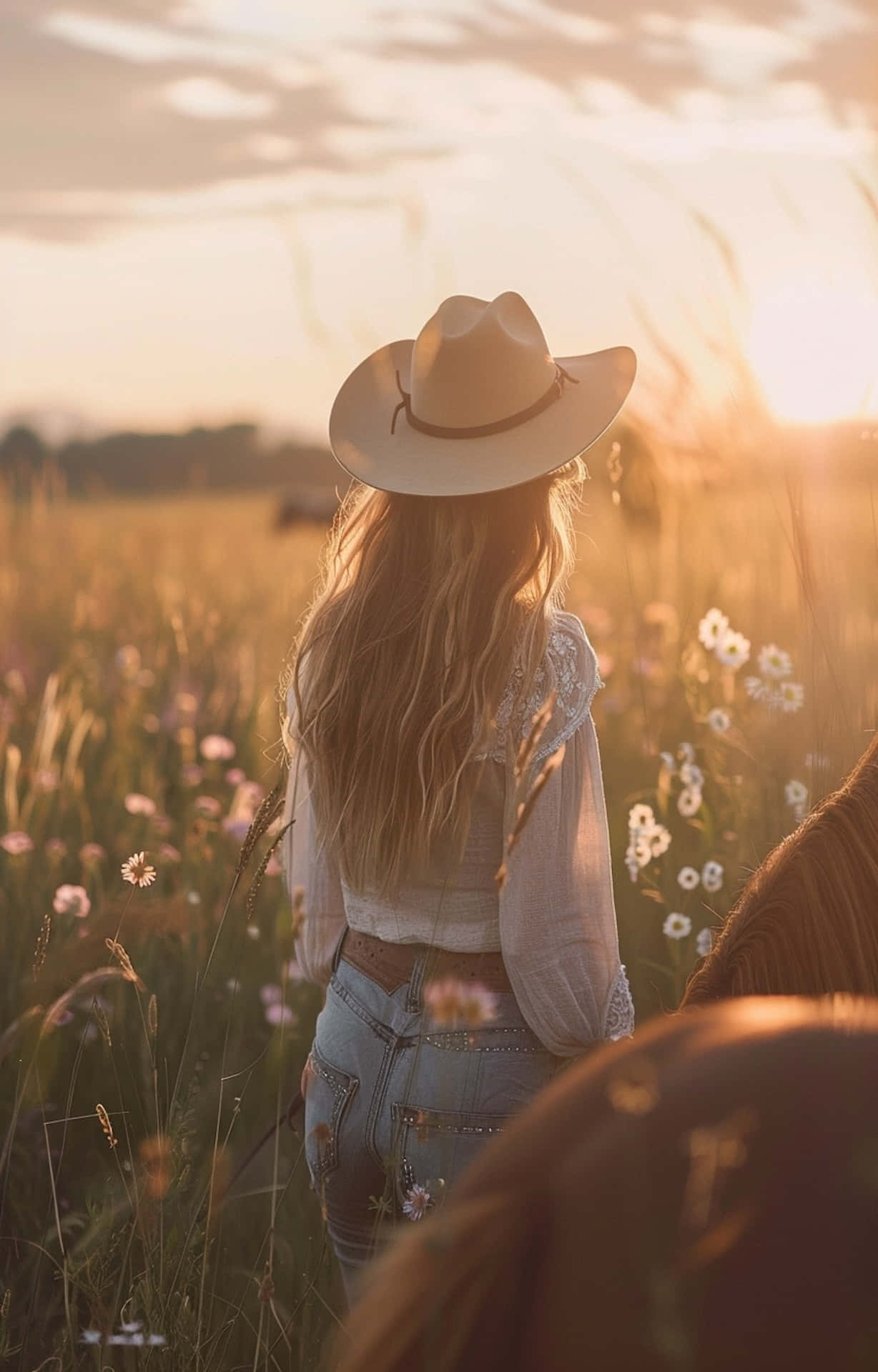 Country Cowgirl Sunset Field Wallpaper