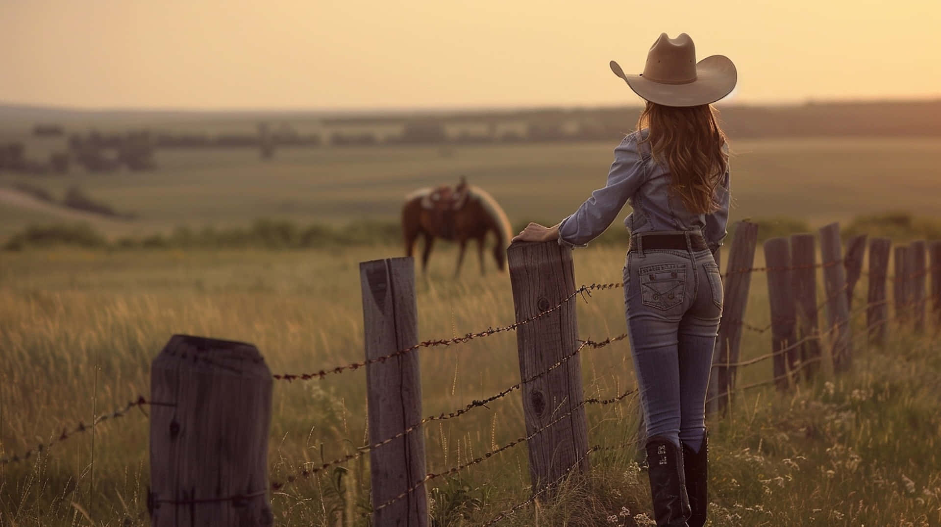 Country Cowgirl Sunset Gaze Wallpaper