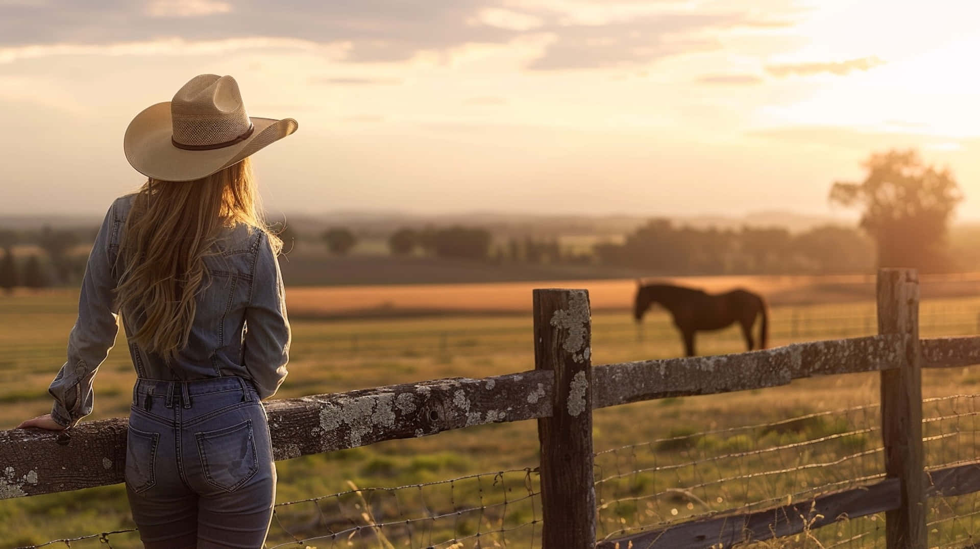 Country Cowgirl Sunset Gazing Wallpaper