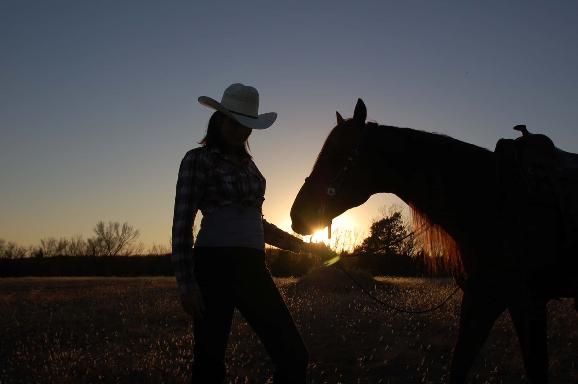 Country Girl Sunset Silhouettewith Horse Wallpaper