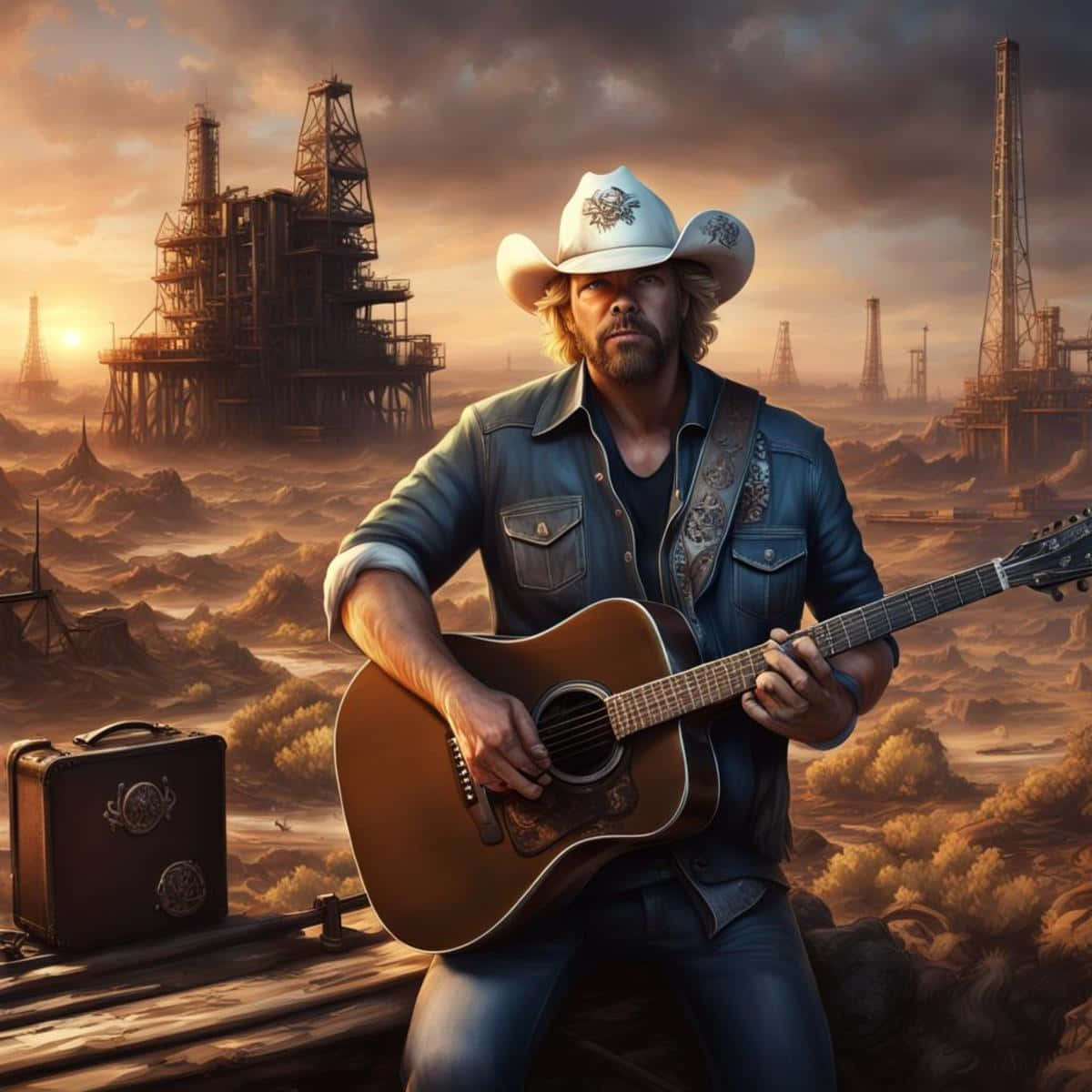 Country Musician Oil Rigs Backdrop Wallpaper