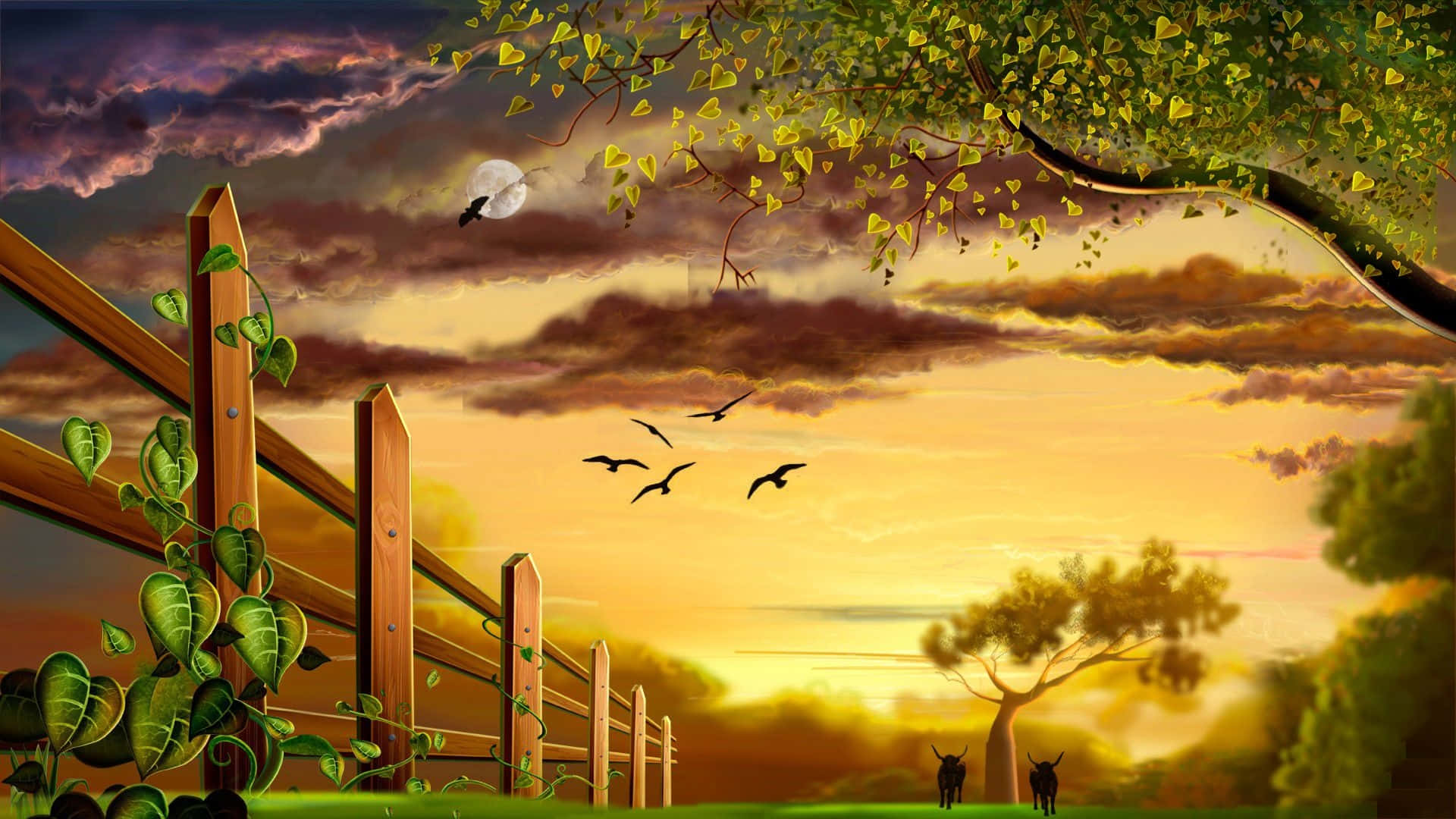 Flyvende Fugle Solnedgang Silhuet Landscener Wallpaper