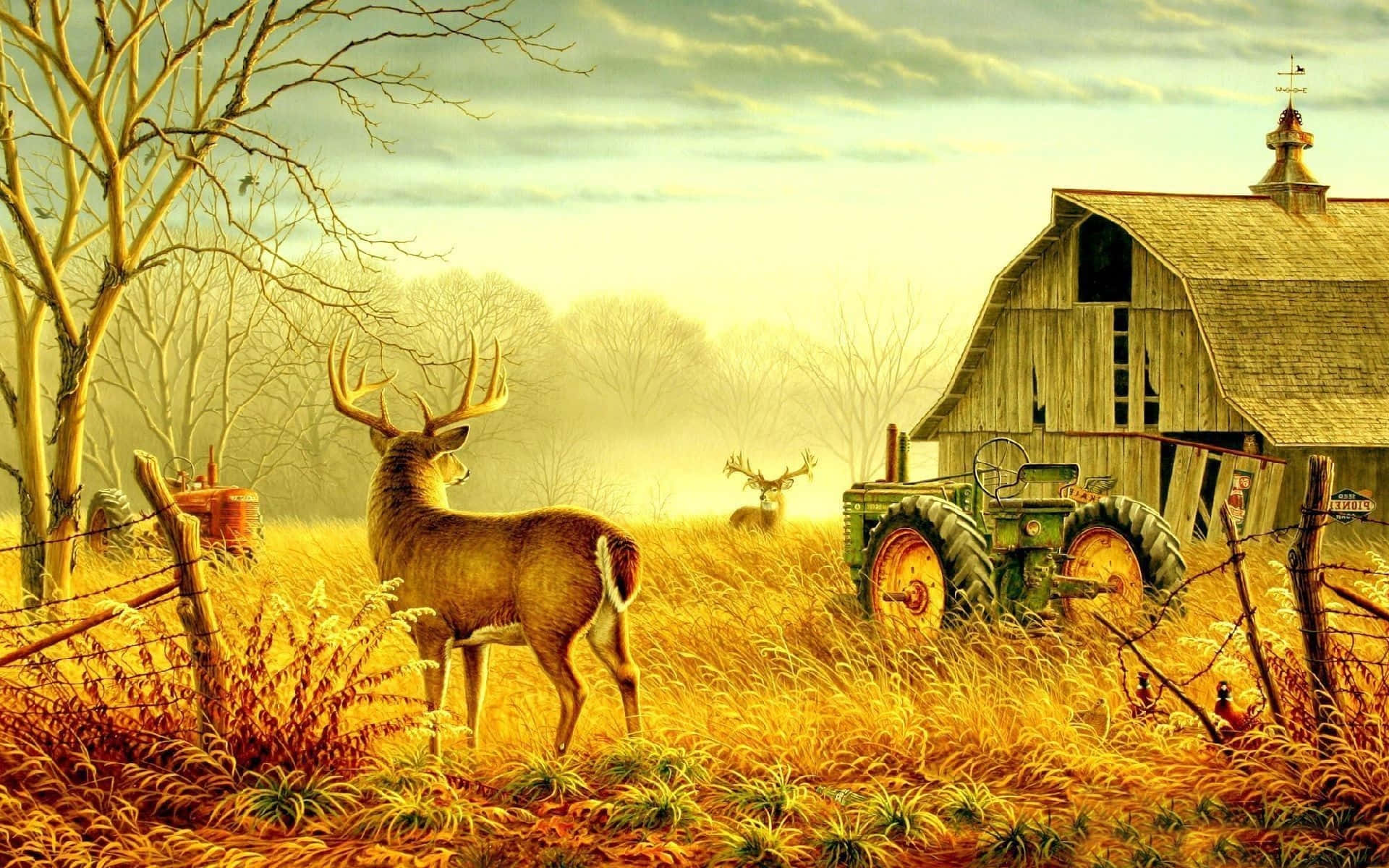 Deer With Tractors Country Scenes Wallpaper