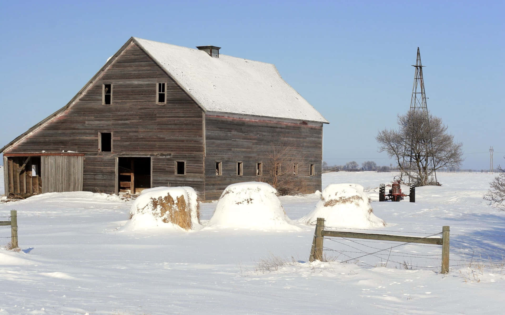 Farmhouse With Snow Country Scenes Wallpaper