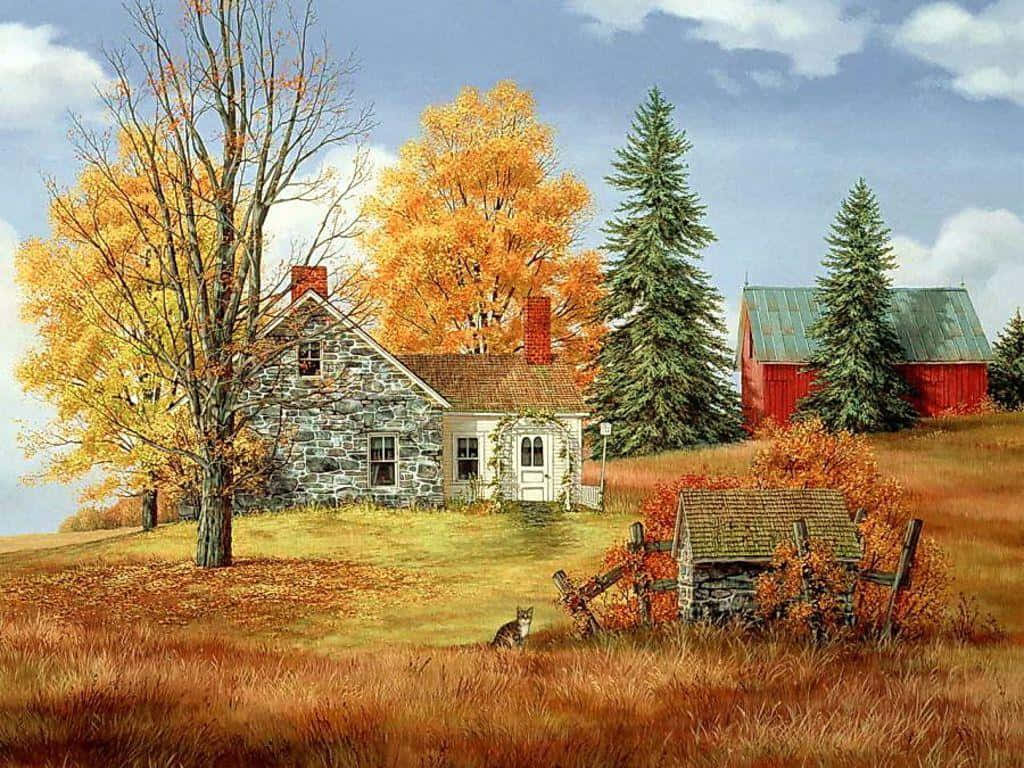 A Painting Of A Farm In The Fall Wallpaper